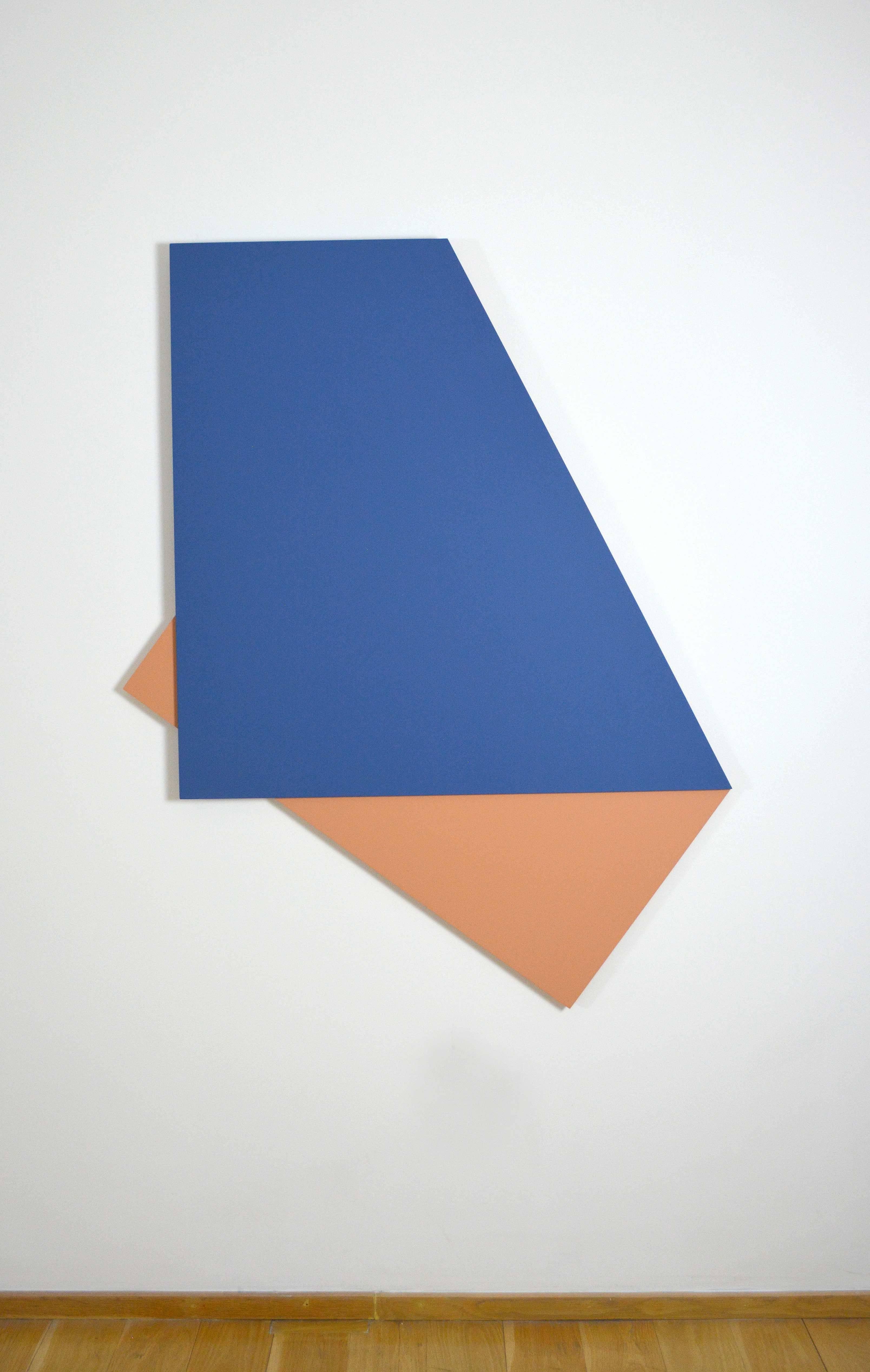 Fold: Minimal hard edge abstract painting in blue and apricot - Painting by Laura Jane Scott