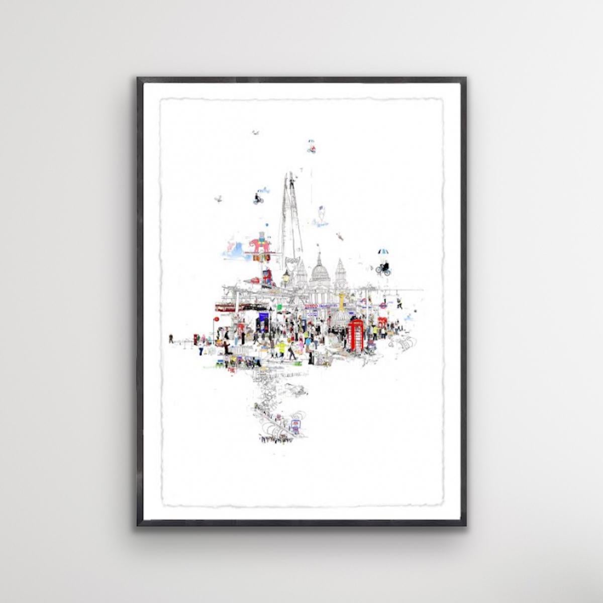 Crazy Town 2014 by Laura Jordan is a fun portrait of London. The work is a Limited Edition Print in an edition of 50. This artwork is printed on archival paper with a hand finished overlay of pencil watercolour and collage. The process in which