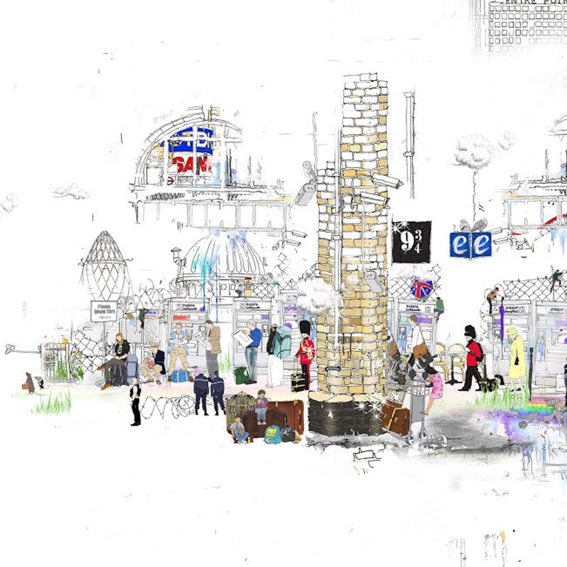 Plataforma Nueve y Tres Cuartos y Asuntos de Actualidad, London Cityscape Art - Print Contemporáneo de Laura Jordan