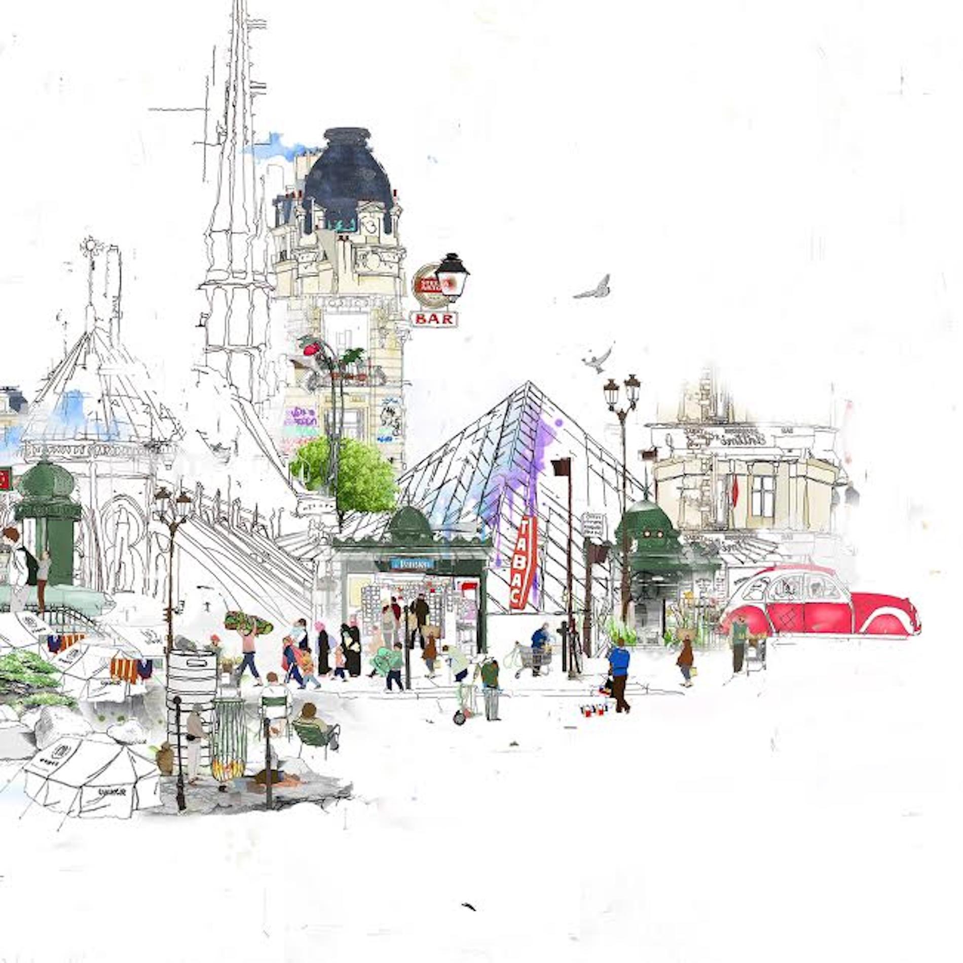 Plataforma Nueve y Tres Cuartos y Asuntos de Actualidad, London Cityscape Art - Landscape Print Gris de Laura Jordan