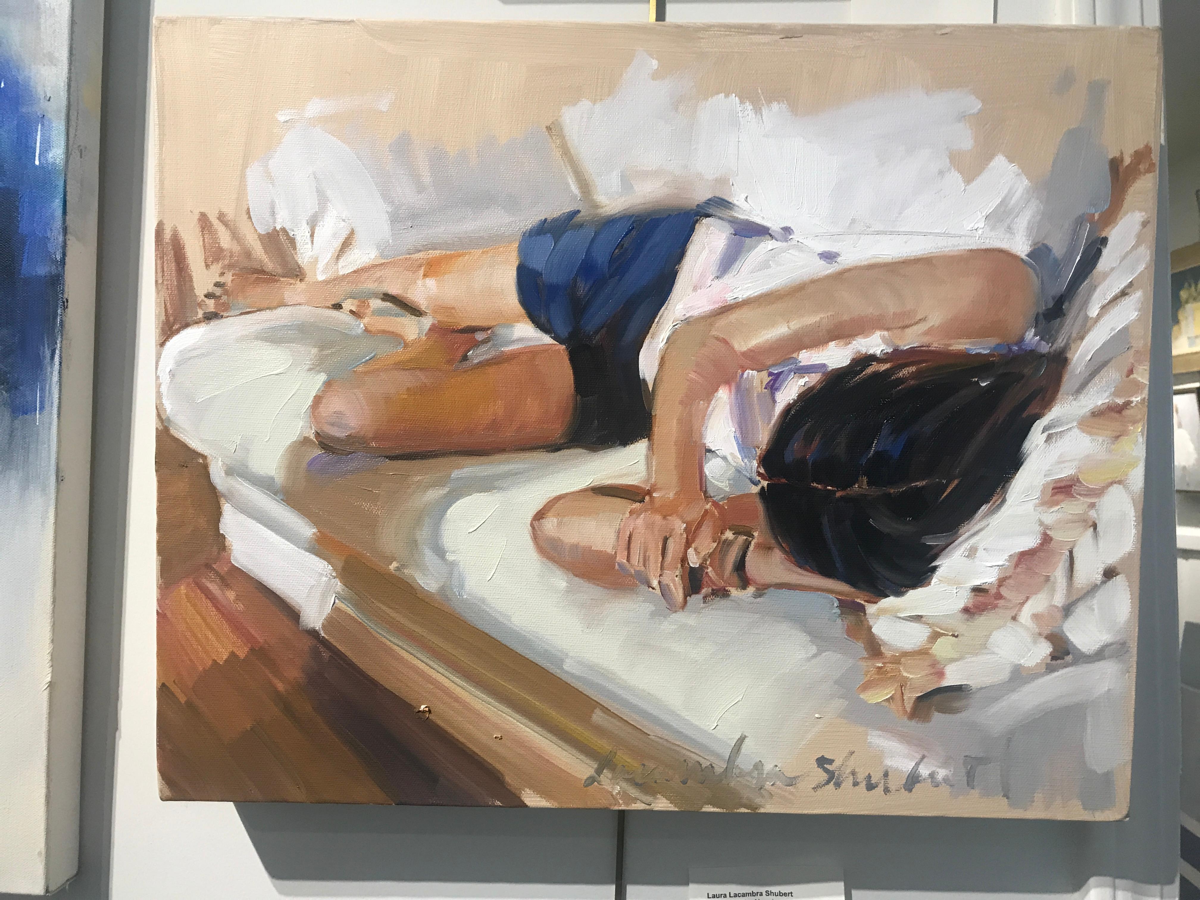 Alexandra Napping by Laura L. Shubert petite rectangle impressionist figure - Beige Figurative Painting by Laura Lacambra Shubert