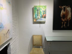 Contraventanas azules y verdes de Laura Shubert, Pequeño óleo sobre tabla Pintura de fachada