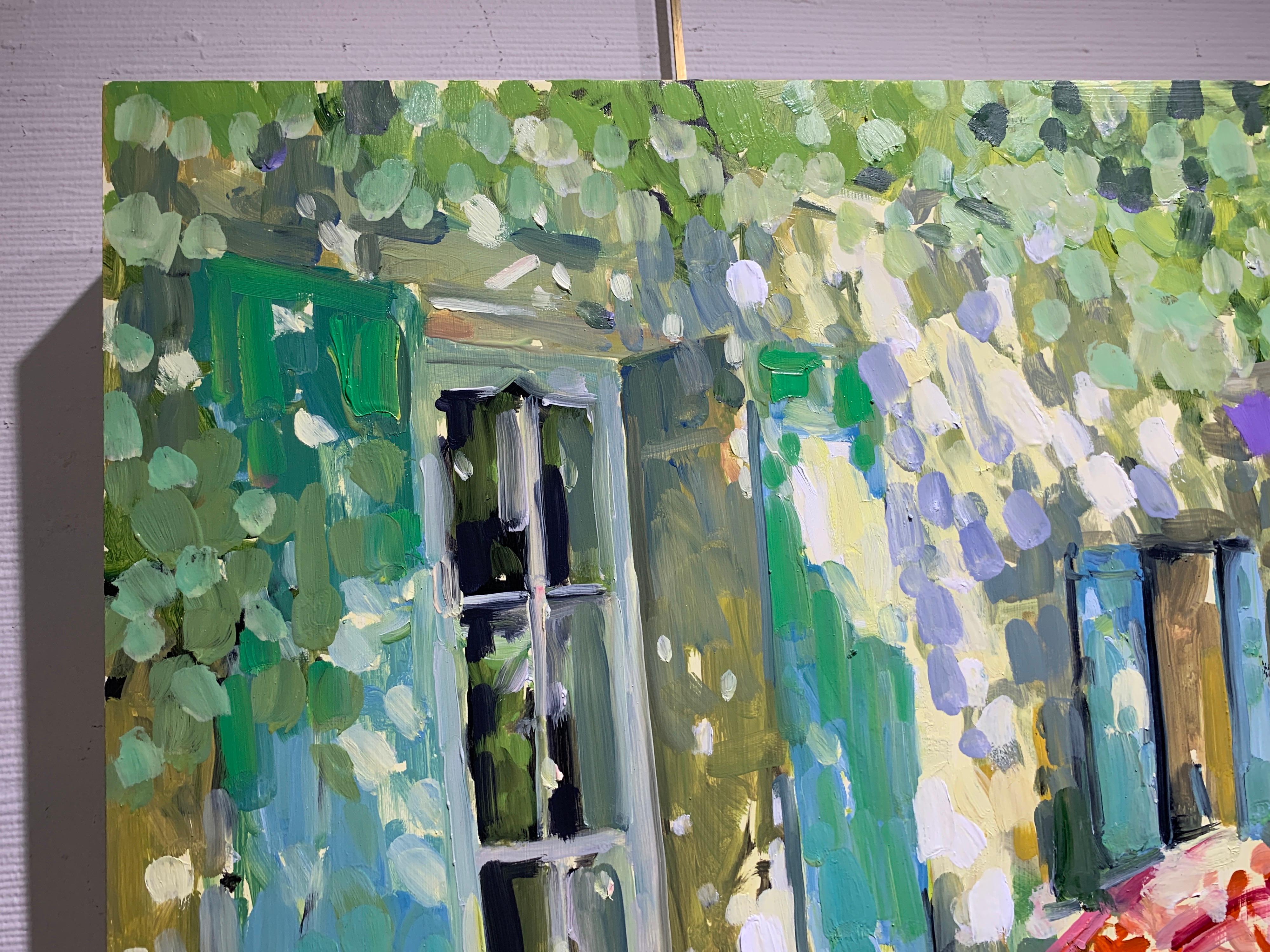Blue and Green Shutters by Laura Shubert, Petite Oil on Board Facade Painting 1