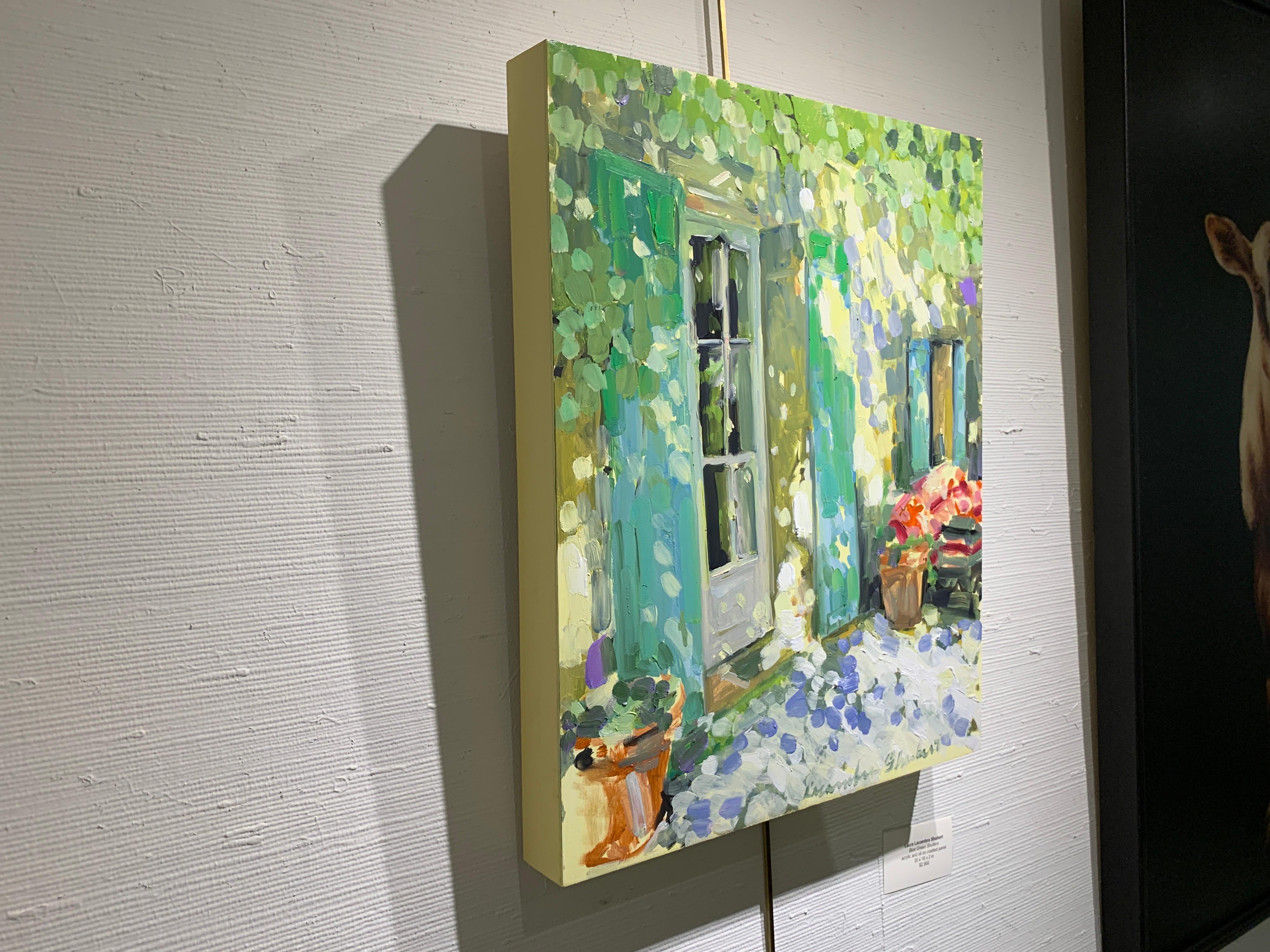 Blue and Green Shutters by Laura Shubert, Petite Oil on Board Facade Painting 3