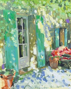 Blaue und grüne Fensterläden von Laura Shubert:: Petite Oil on Board Fassadenmalerei