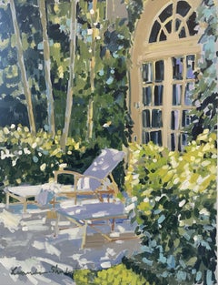 Dappled Light on Lawn Chairs: Large Contemporary Garden Scene Oil Painting