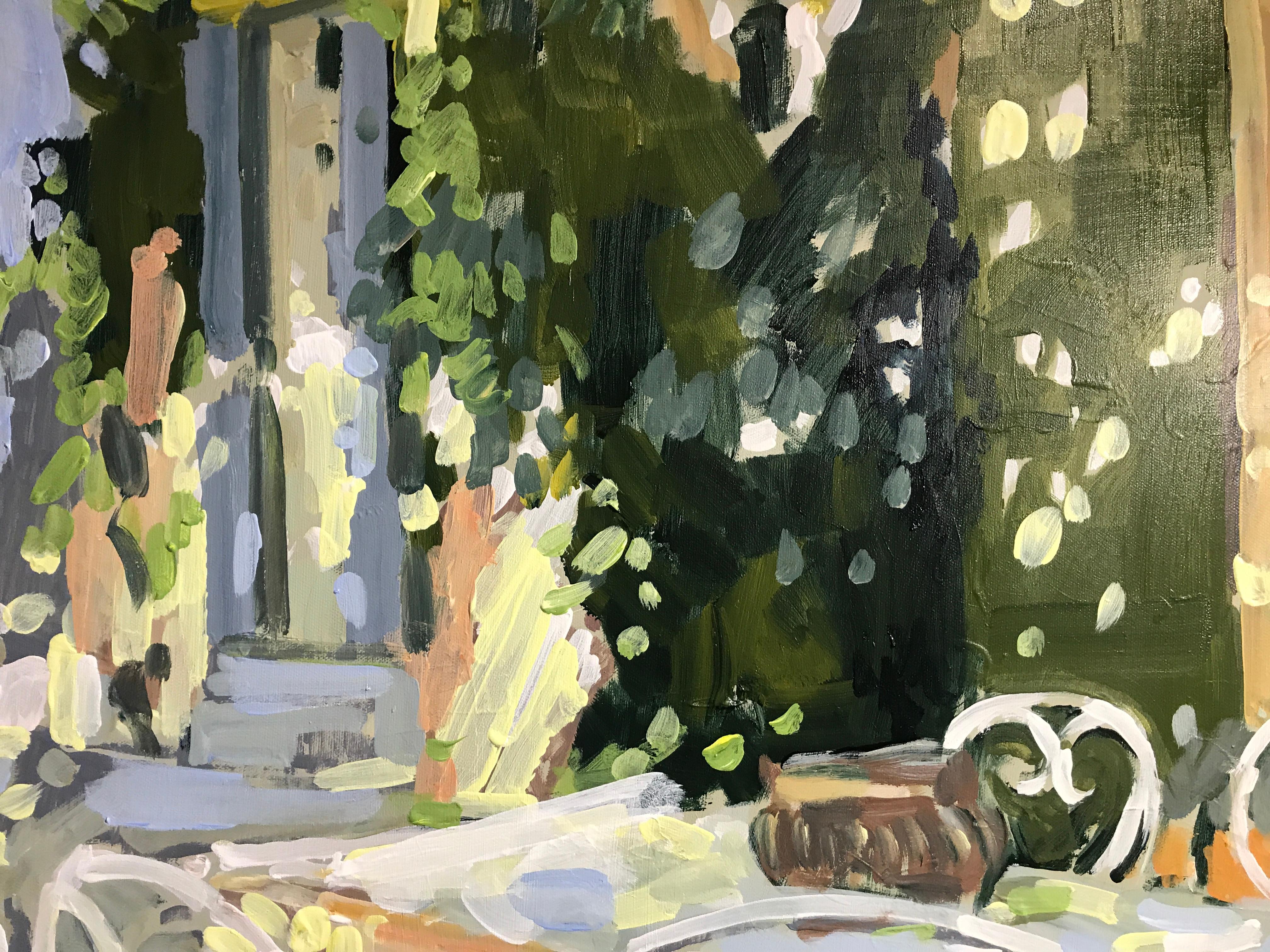 'Eating Outdoors' is a large Impressionist oil on canvas provençale scene created by American artist Laura Shubert in 2018. Featuring a palette made of tonalities such as green, blue, white and yellow among other colors, the painting captures our