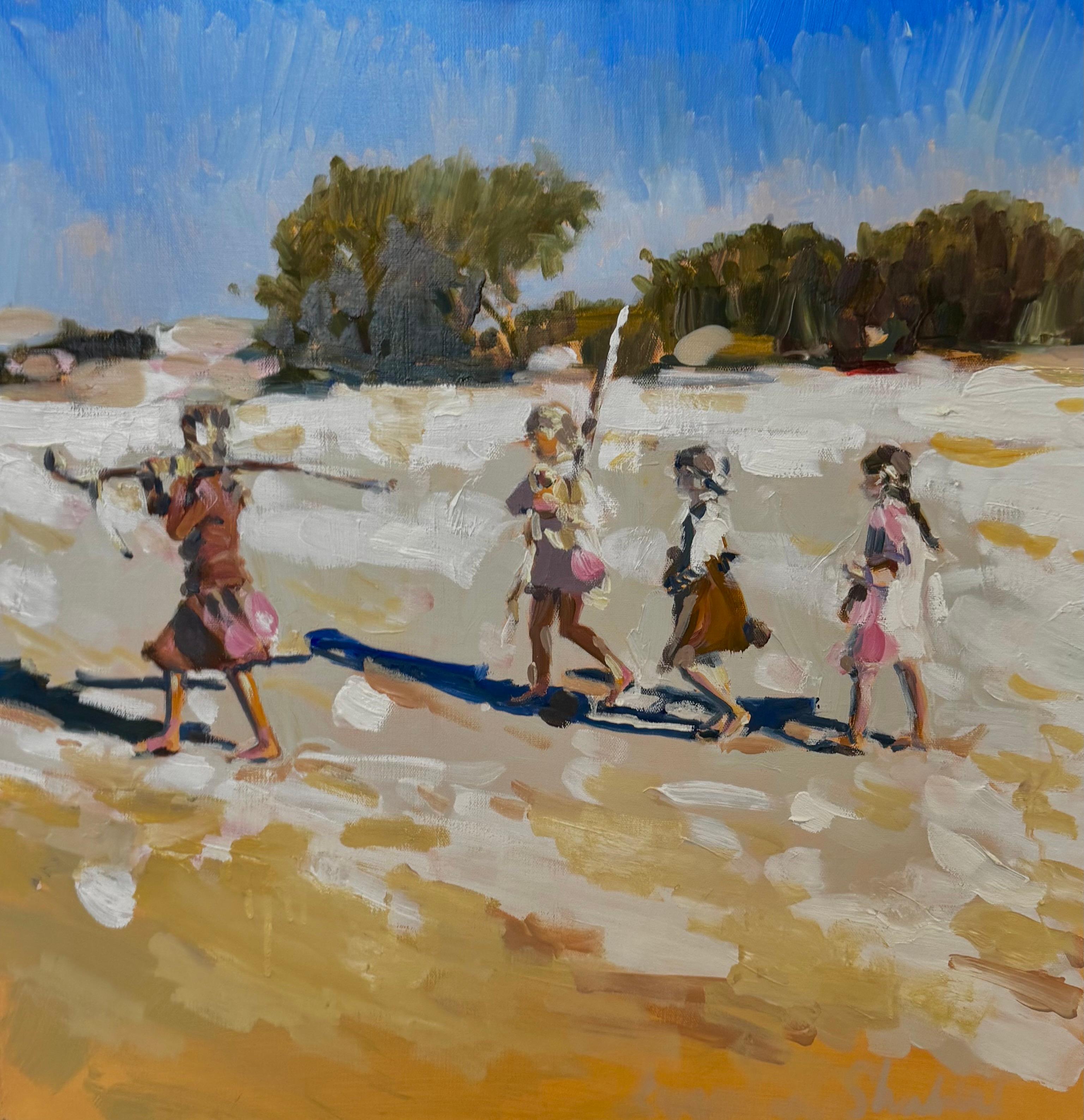 Girls on the Bea by Laura Shubert, Oil on Canvas Beach Painting with Children