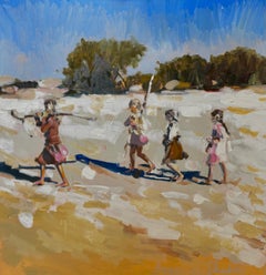 Girls on the Bea by Laura Shubert, Oil on Canvas Beach Painting with Children