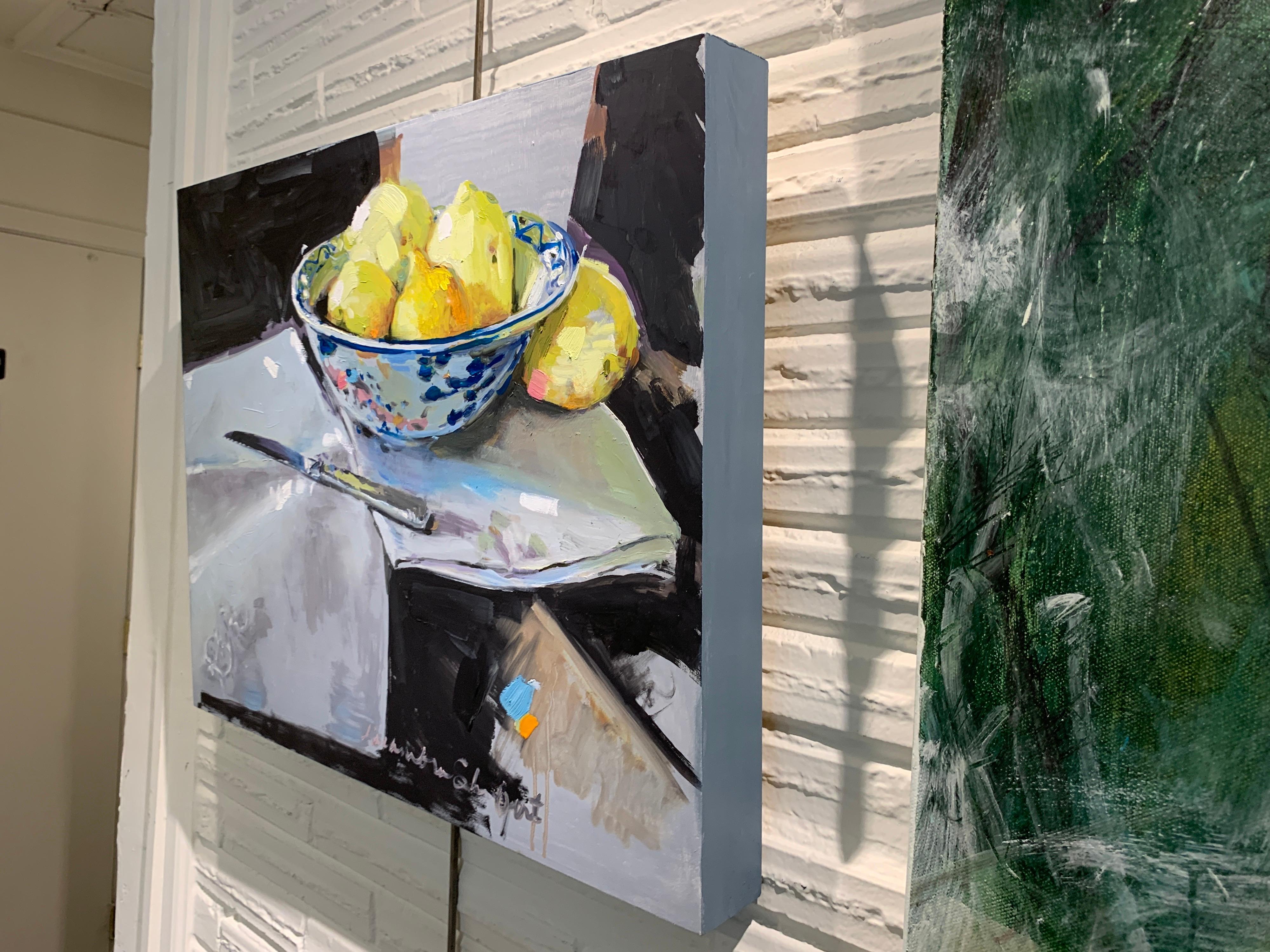 Lemons and a Knife by Laura Shubert, Petite Oil on Board Still Life Painting - Gray Landscape Painting by Laura Lacambra Shubert