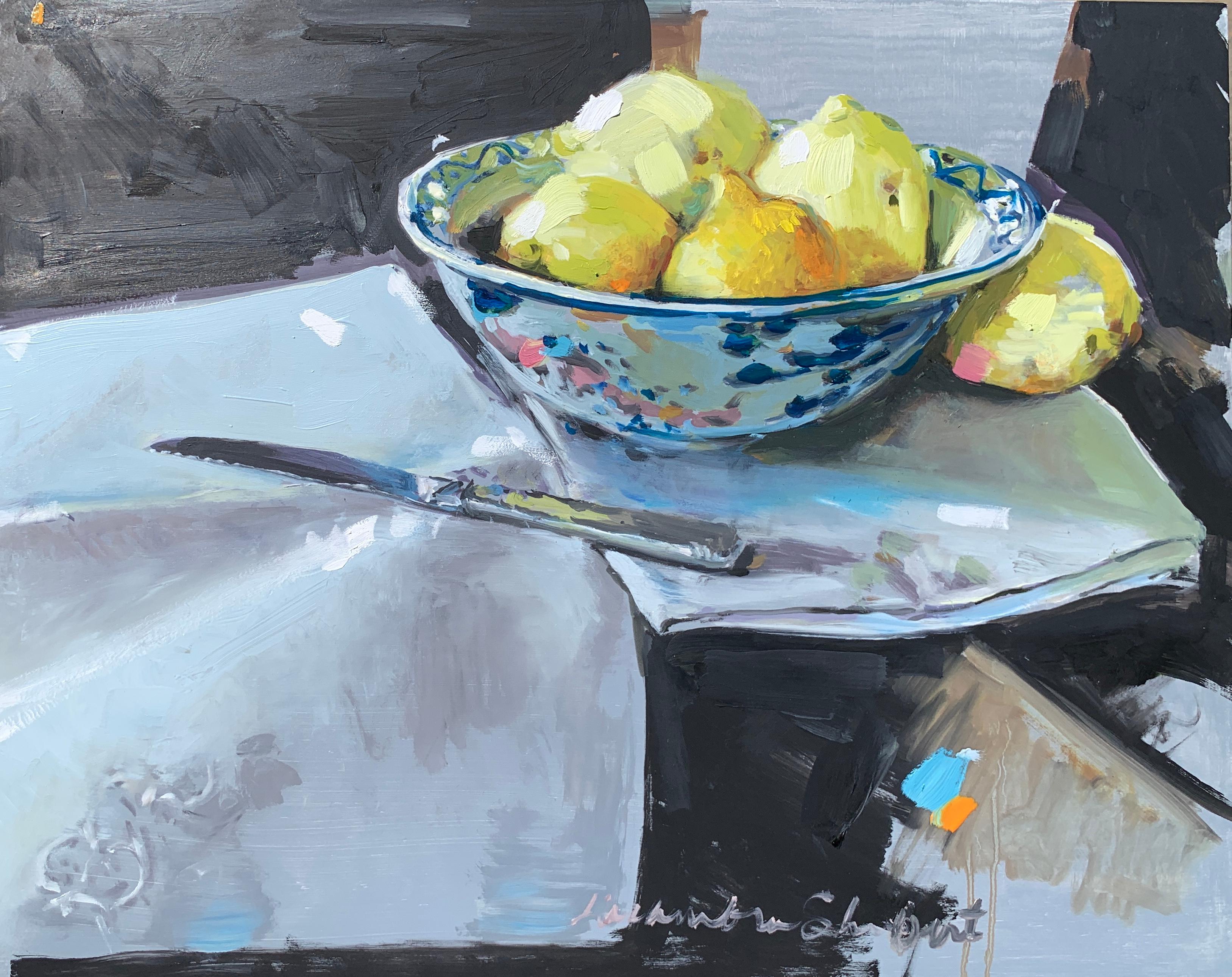 Lemons and a Knife by Laura Shubert, Petite Oil on Board Still Life Painting