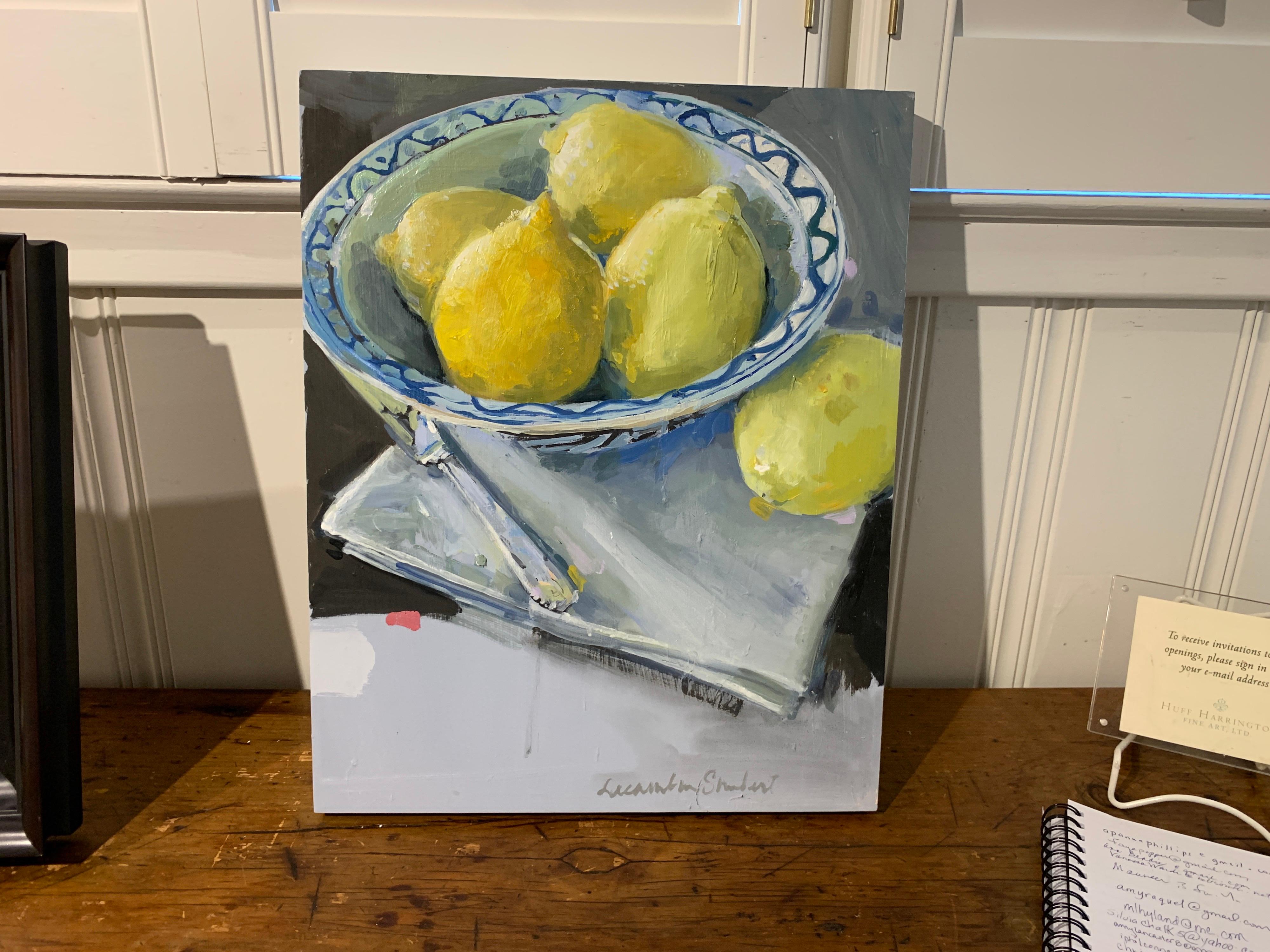 Lemons in a Blue and White Bowl by Laura Shubert, Petite Oil on Board Still Life - Painting by Laura Lacambra Shubert