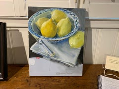 Citrons dans un bol bleu et blanc de Laura Shubert:: petite nature morte à l'huile sur carton