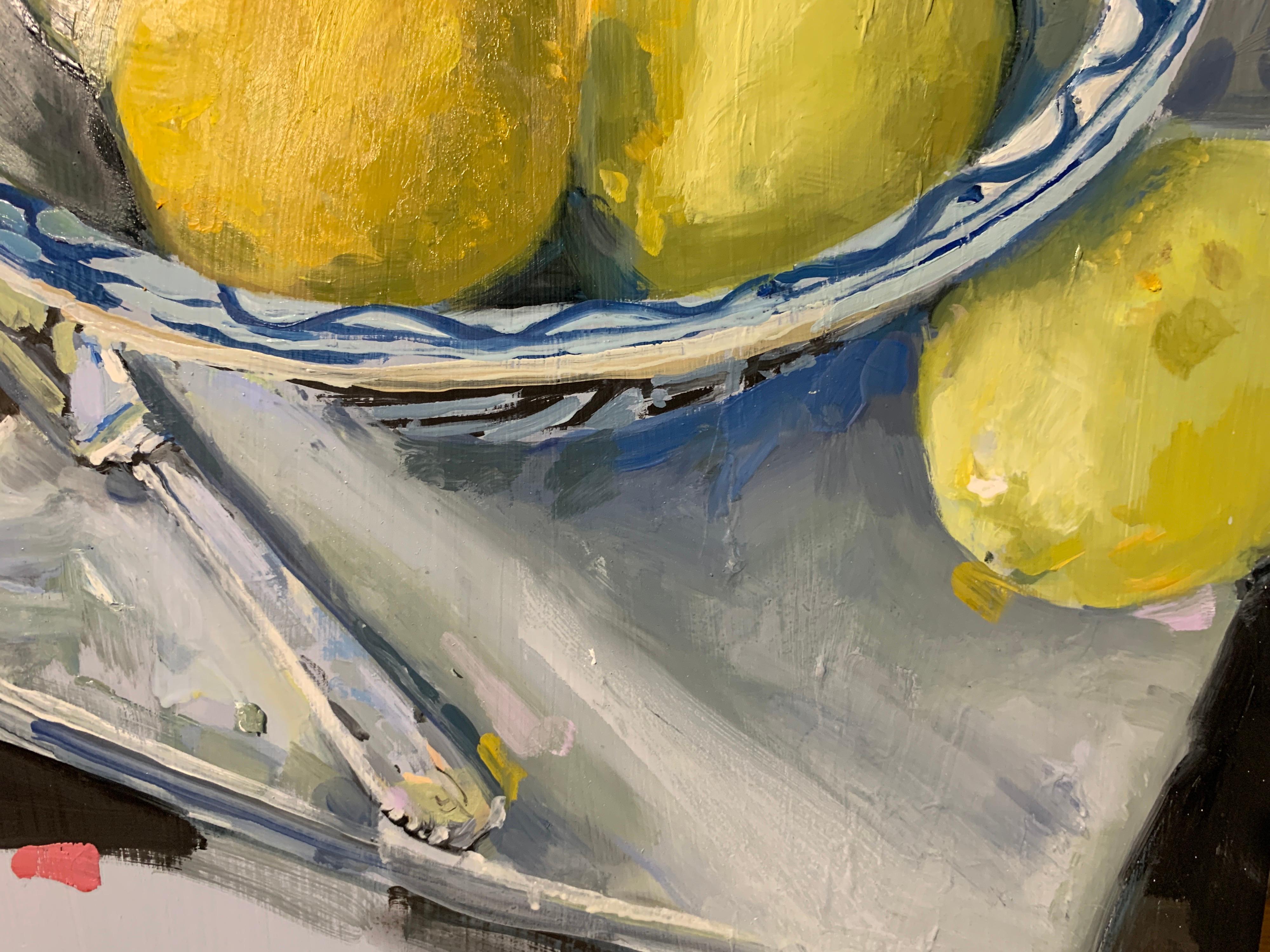 Lemons in a Blue and White Bowl by Laura Shubert, Petite Oil on Board Still Life - Impressionist Painting by Laura Lacambra Shubert