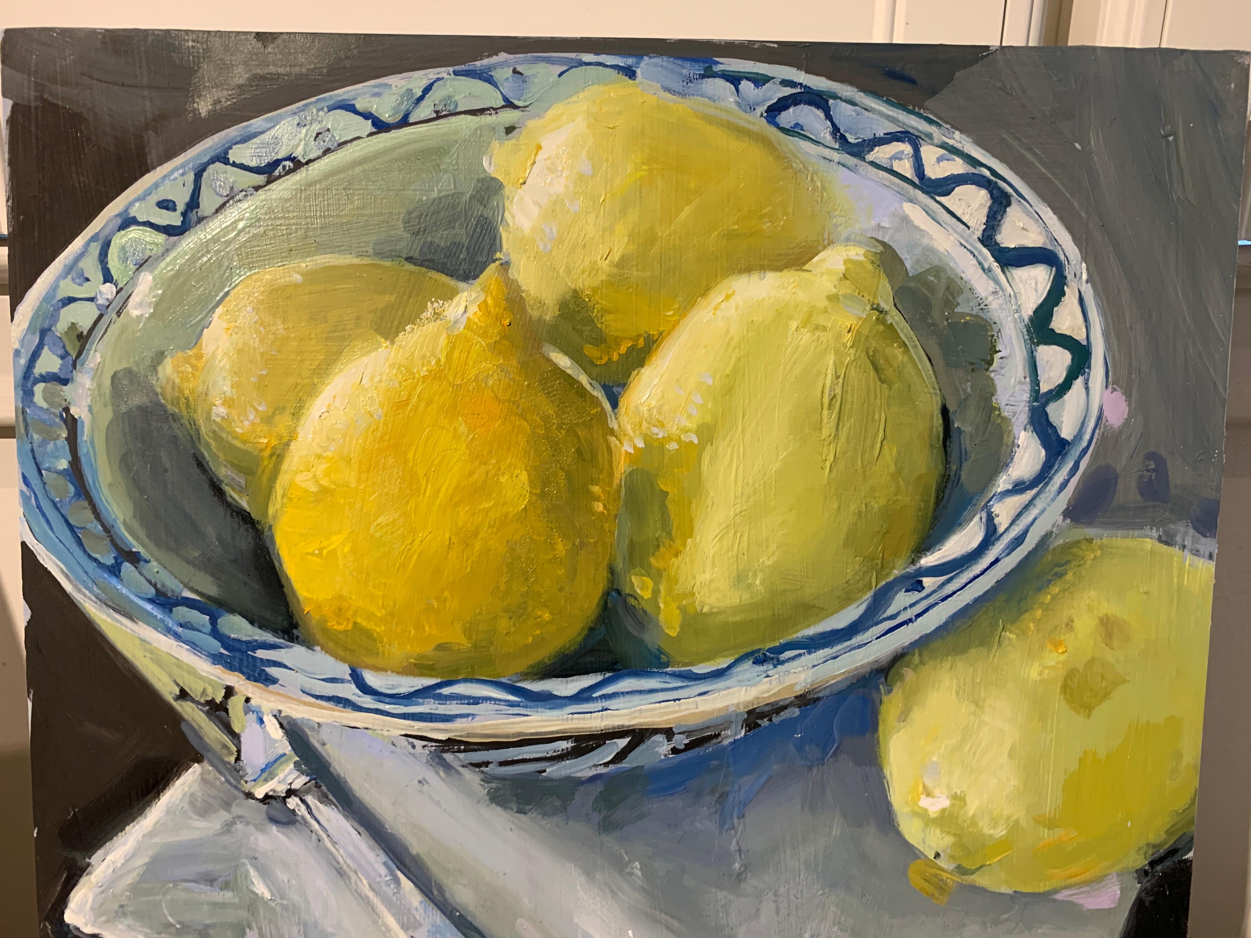 Lemons in a Blue and White Bowl by Laura Shubert, Petite Oil on Board Still Life - Gray Figurative Painting by Laura Lacambra Shubert
