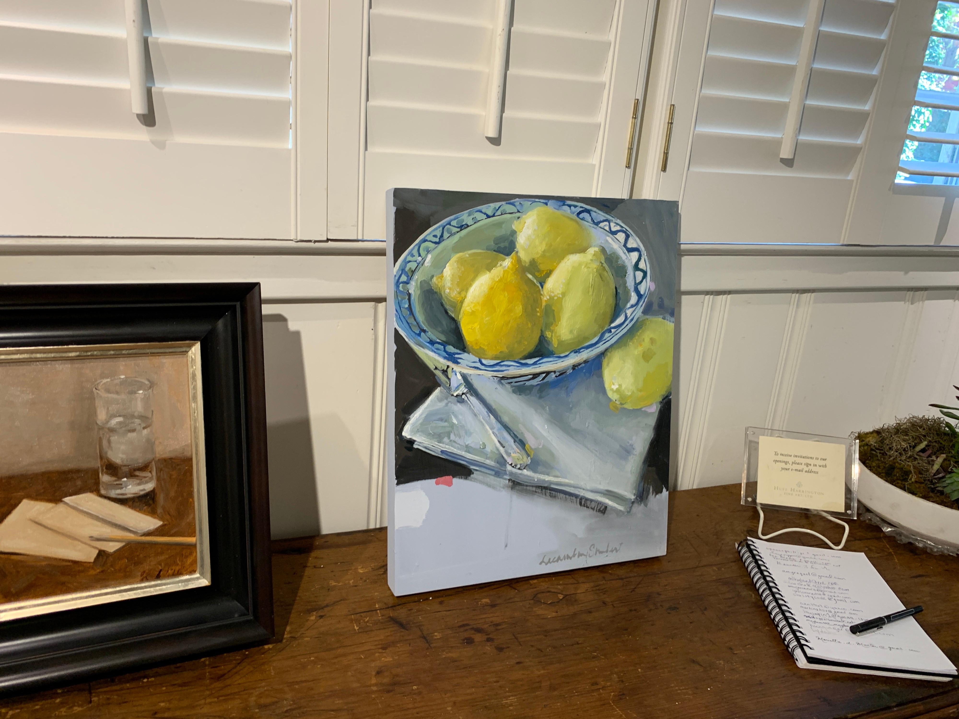 Lemons in a Blue and White Bowl by Laura Shubert, Petite Oil on Board Still Life 2