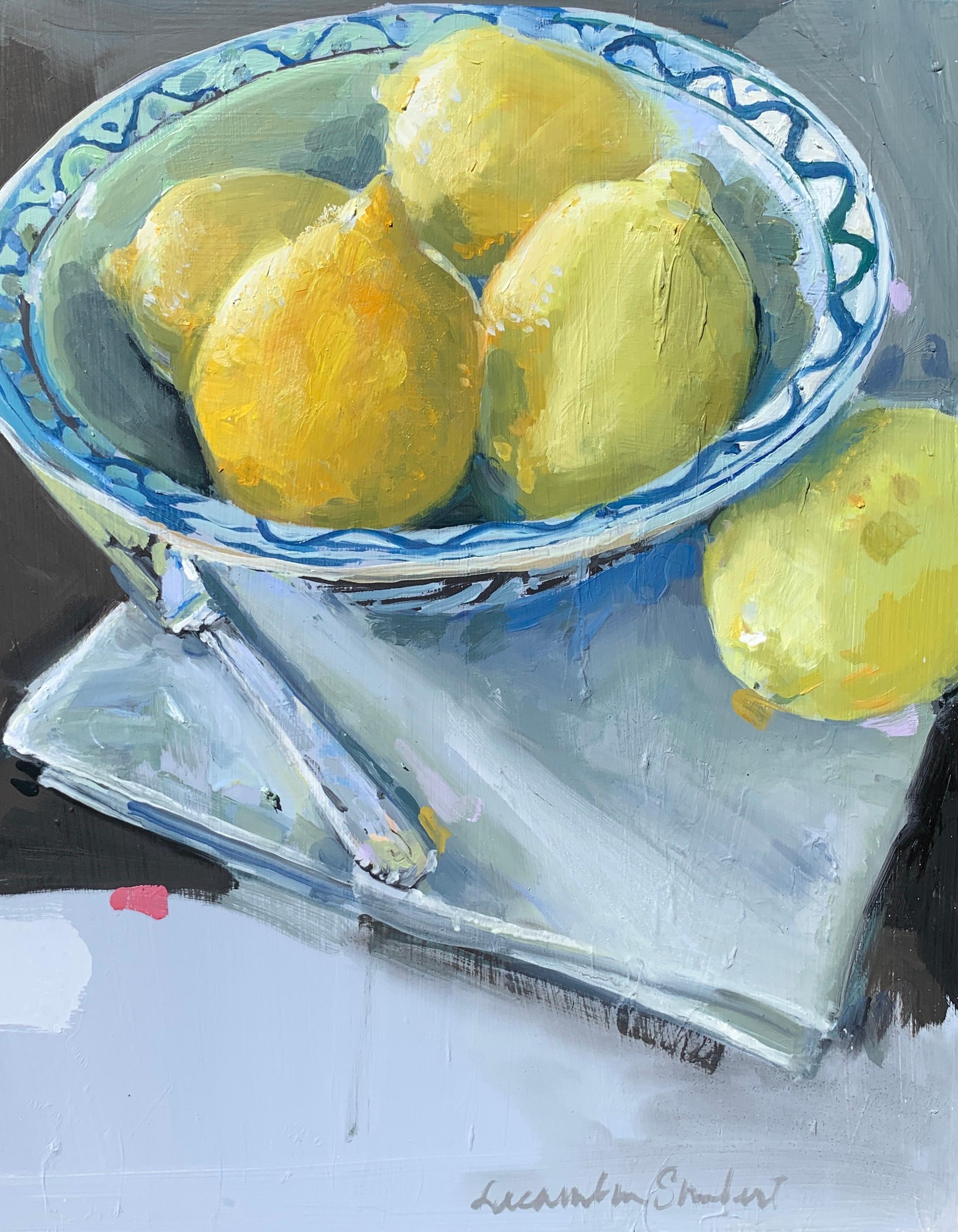 Laura Lacambra Shubert Figurative Painting - Lemons in a Blue and White Bowl by Laura Shubert, Petite Oil on Board Still Life
