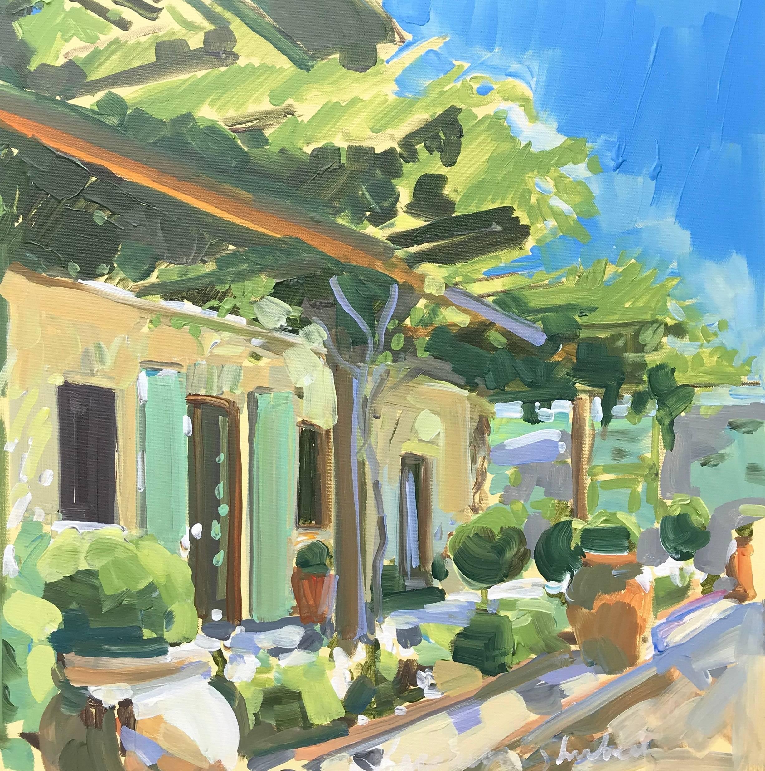 'Mid Day Light' is an Impressionist oil and acrylic on canvas landscape painting created by Laura Lacambra Shubert in 2018. Standing out on a bright blue sky, a house protected by a pergola seems to be the perfect shelter to provide some freshness