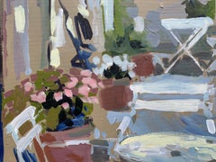 Outdoor Terrace by Laura L Shubert, Square Provencal Oil Painting with Blue