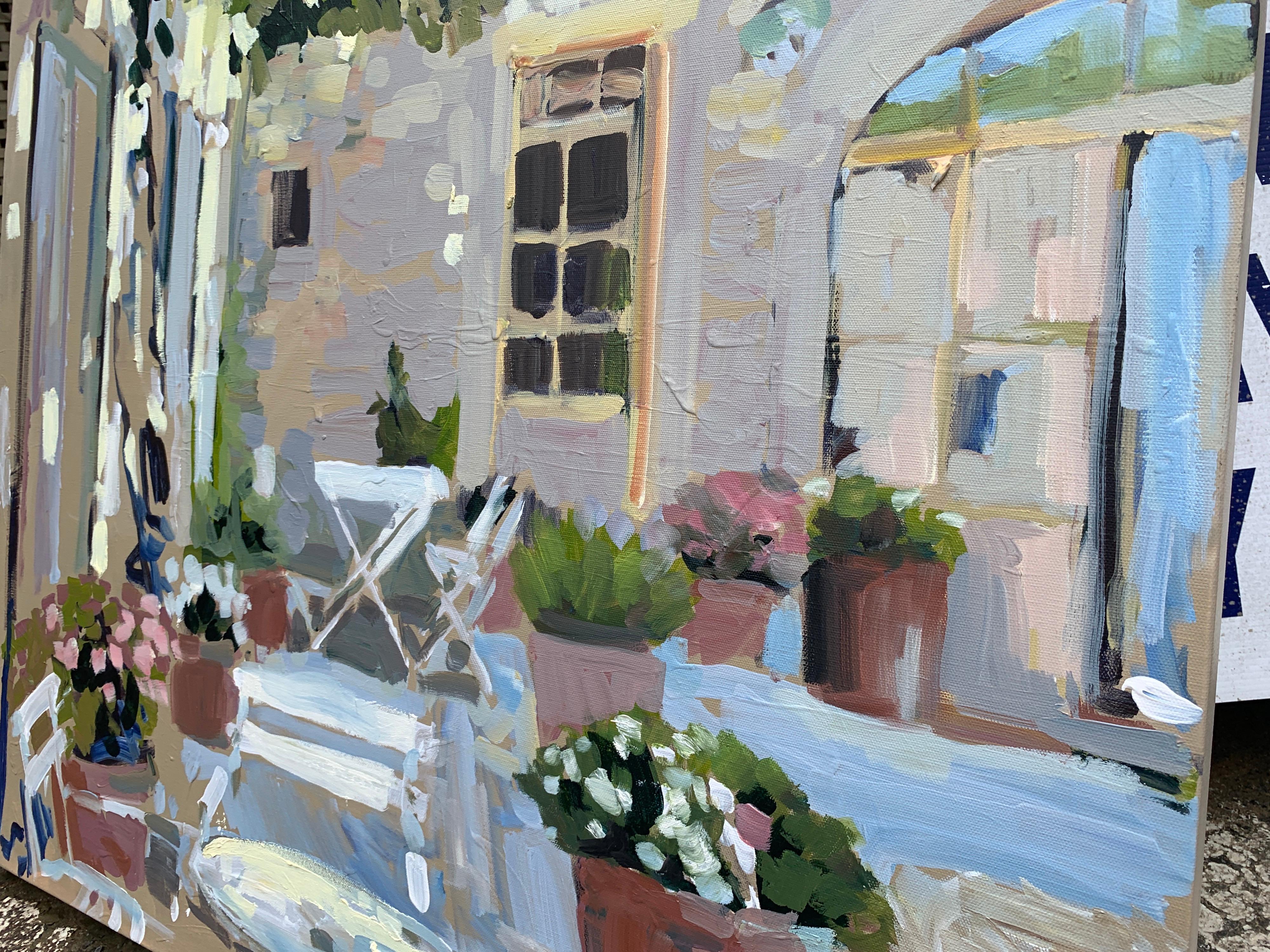 Outdoor Terrace by Laura L Shubert, Square Provencal Oil Painting with Blue - Brown Landscape Painting by Laura Lacambra Shubert