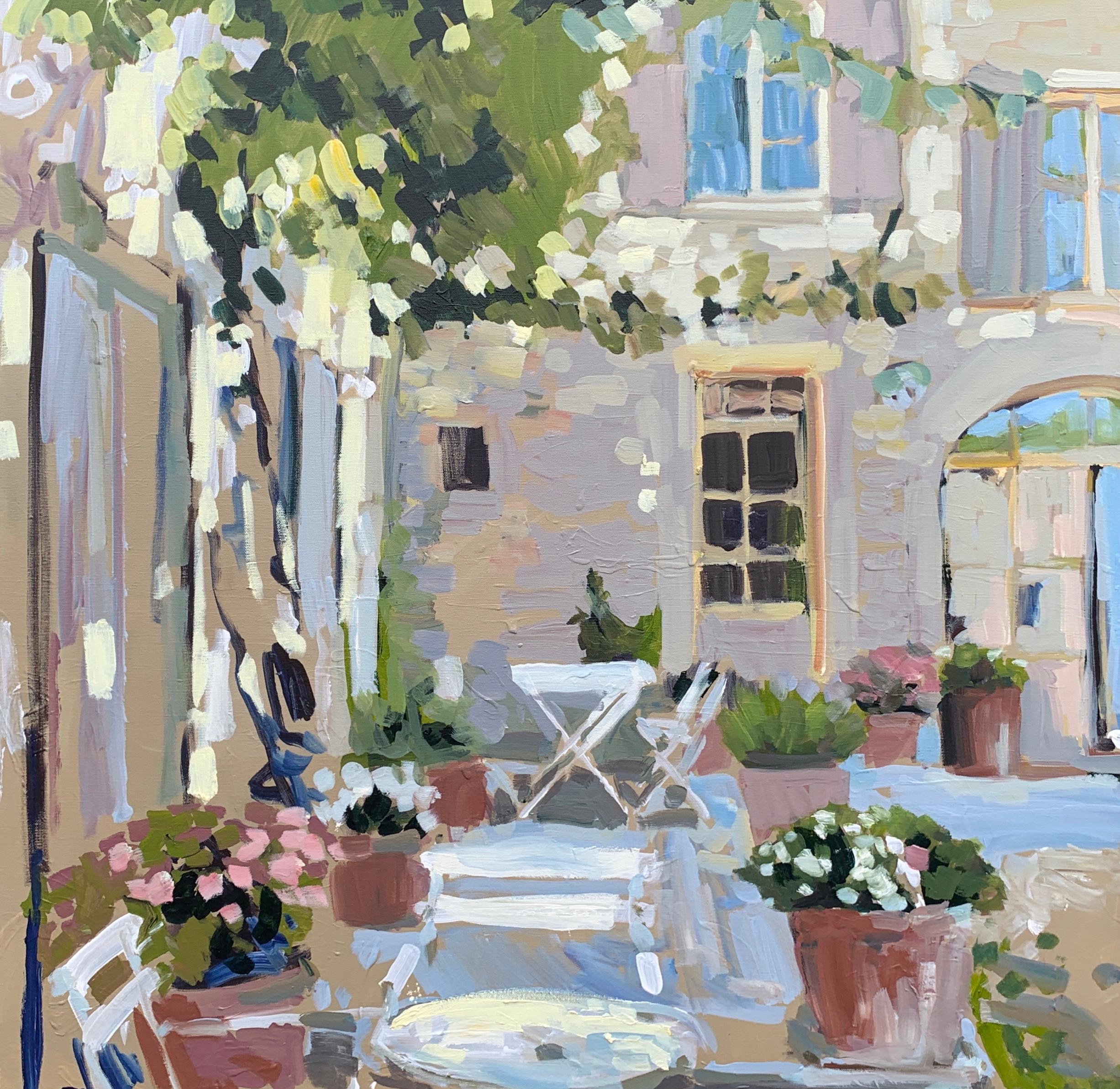 Laura Lacambra Shubert Landscape Painting - Outdoor Terrace by Laura L Shubert, Square Provencal Oil Painting with Blue