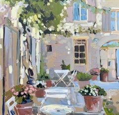 Outdoor Terrace by Laura L Shubert, Square Provencal Oil Painting with Blue