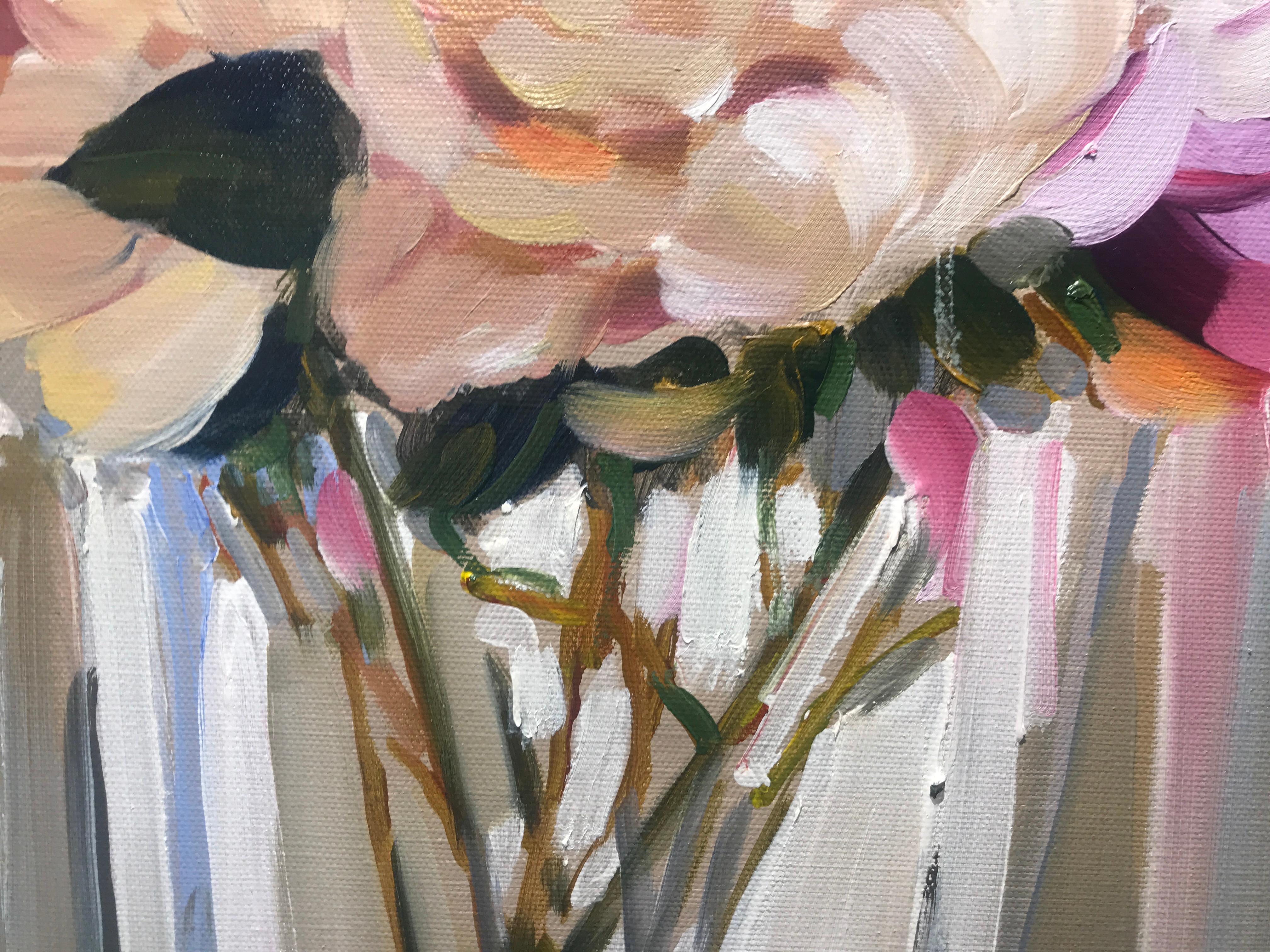 Peonies in a Glass Vase, Laura Shubert Impressionist Still-Life Floral Painting - Gray Still-Life Painting by Laura Lacambra Shubert