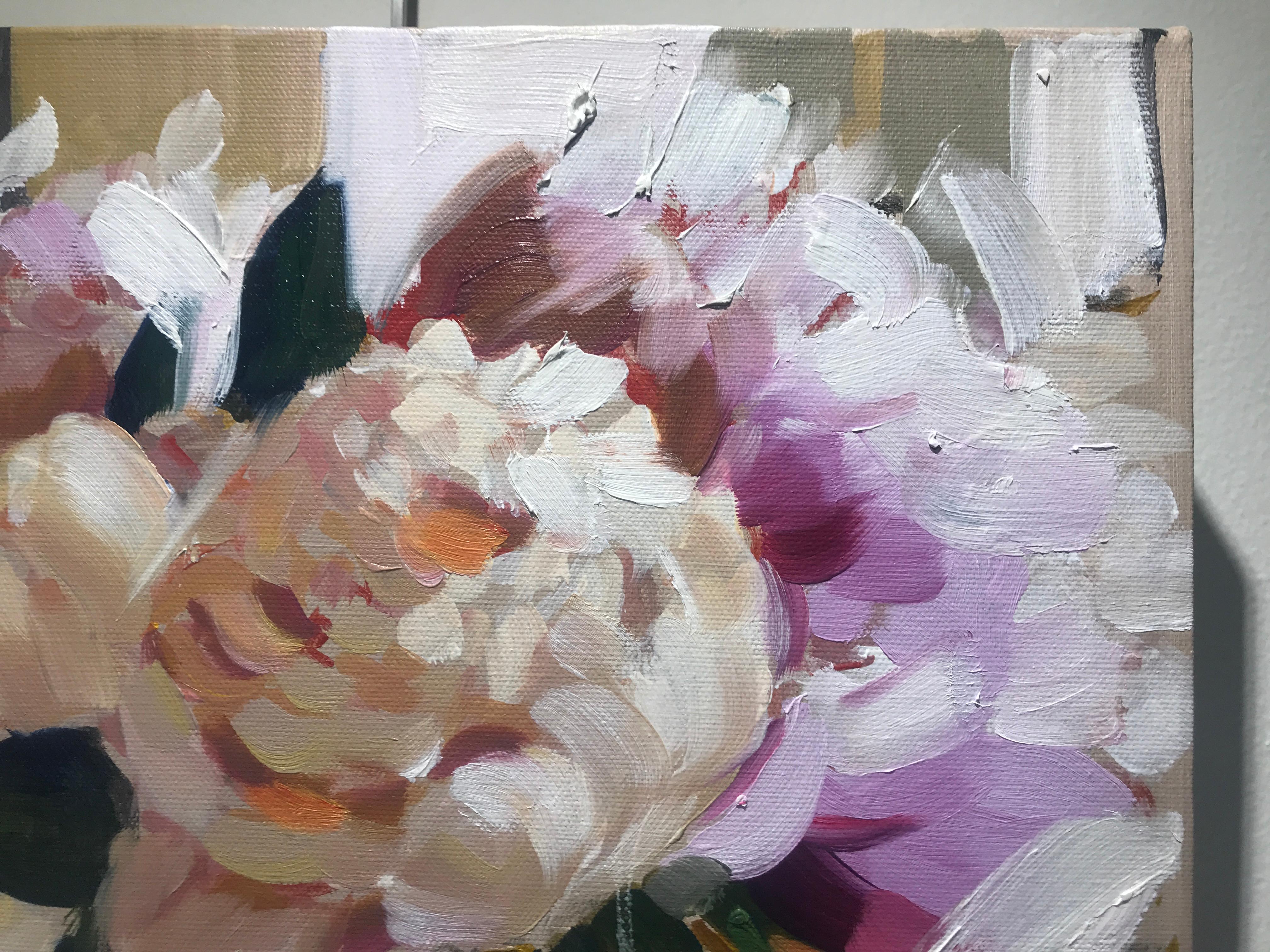 'Peonies in a Glass Vase' is a small Impressionist floral still-life oil and acrylic on canvas painting created by American artist Laura Shubert in 2018. Featuring a soft palette mostly made of pink, white, cream and green tones, the painting