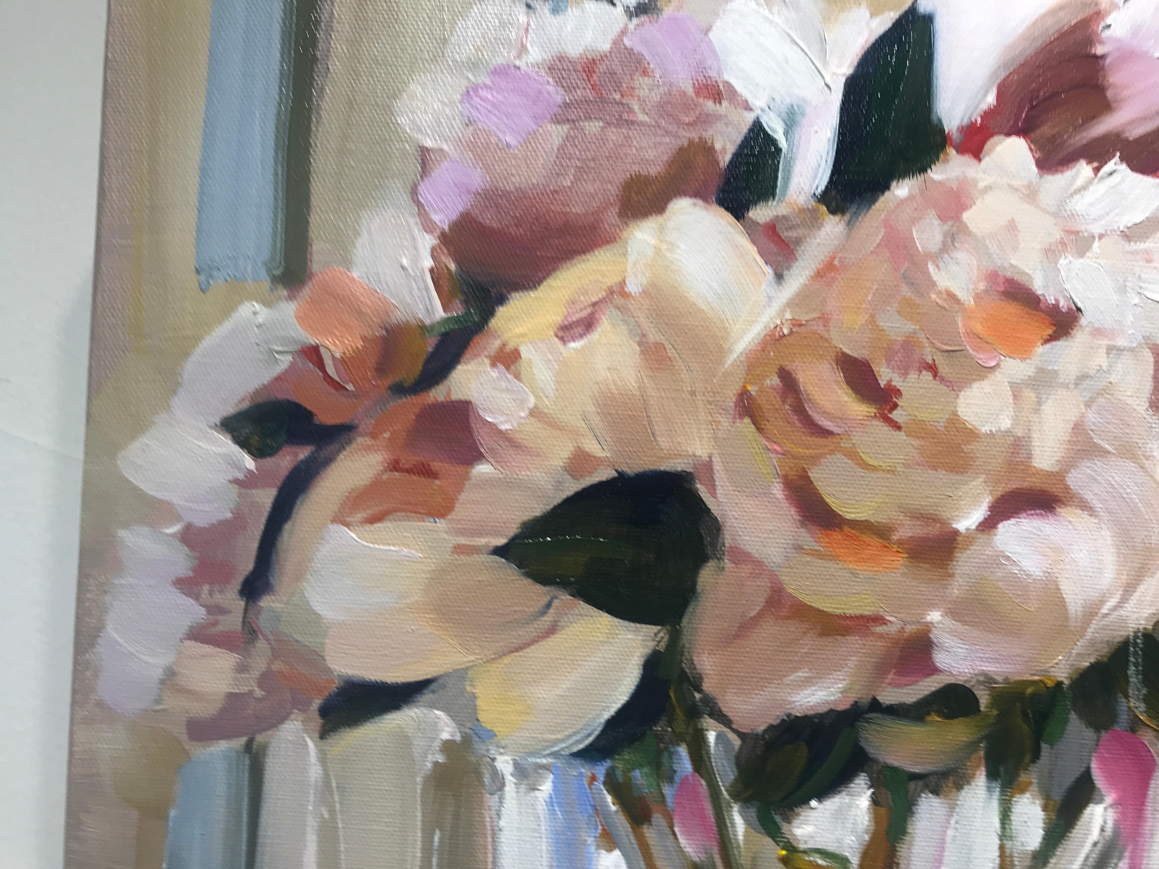 Peonies in a Glass Vase, Laura Shubert Impressionist Still-Life Floral Painting 1