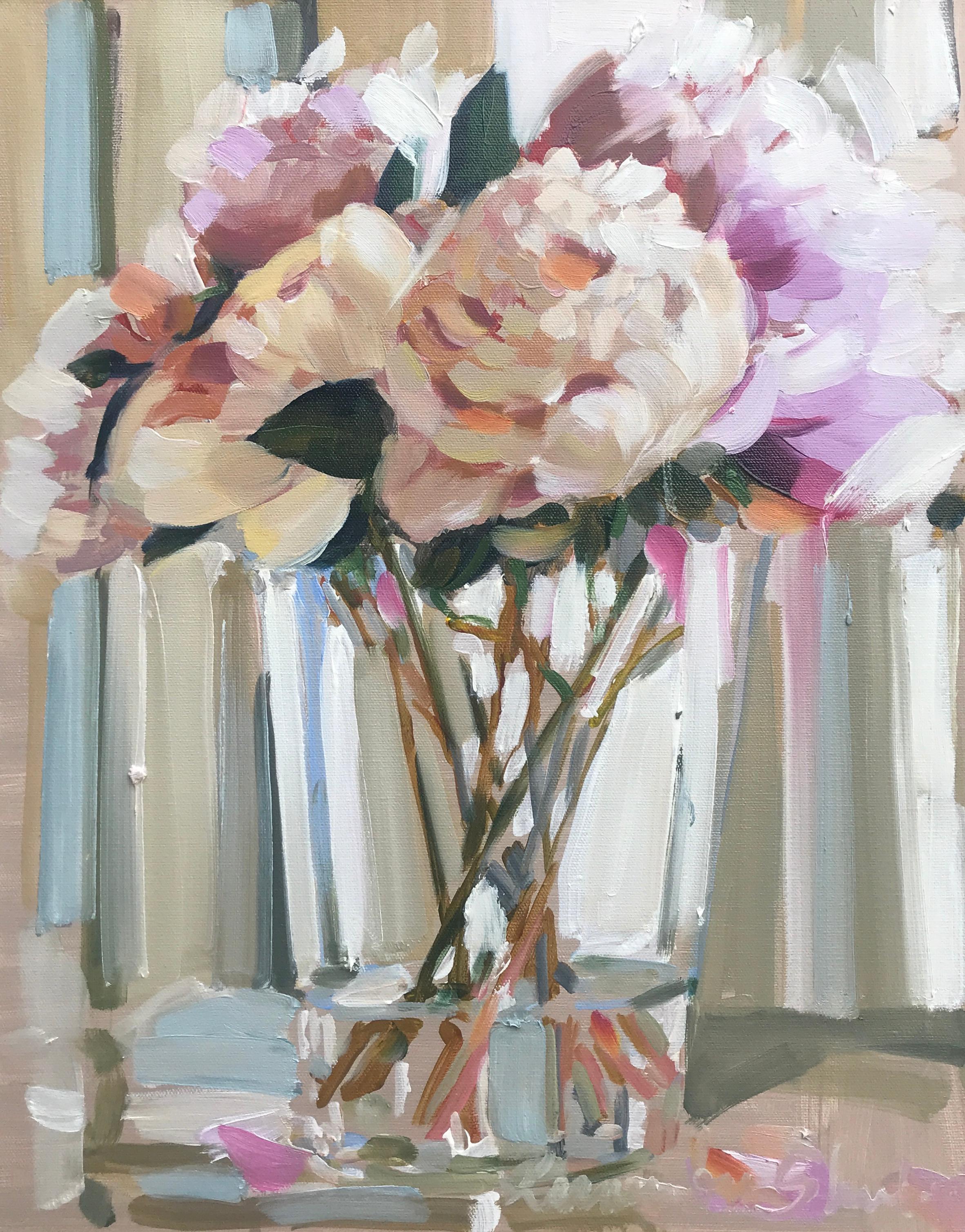 Laura Lacambra Shubert Still-Life Painting - Peonies in a Glass Vase, Laura Shubert Impressionist Still-Life Floral Painting