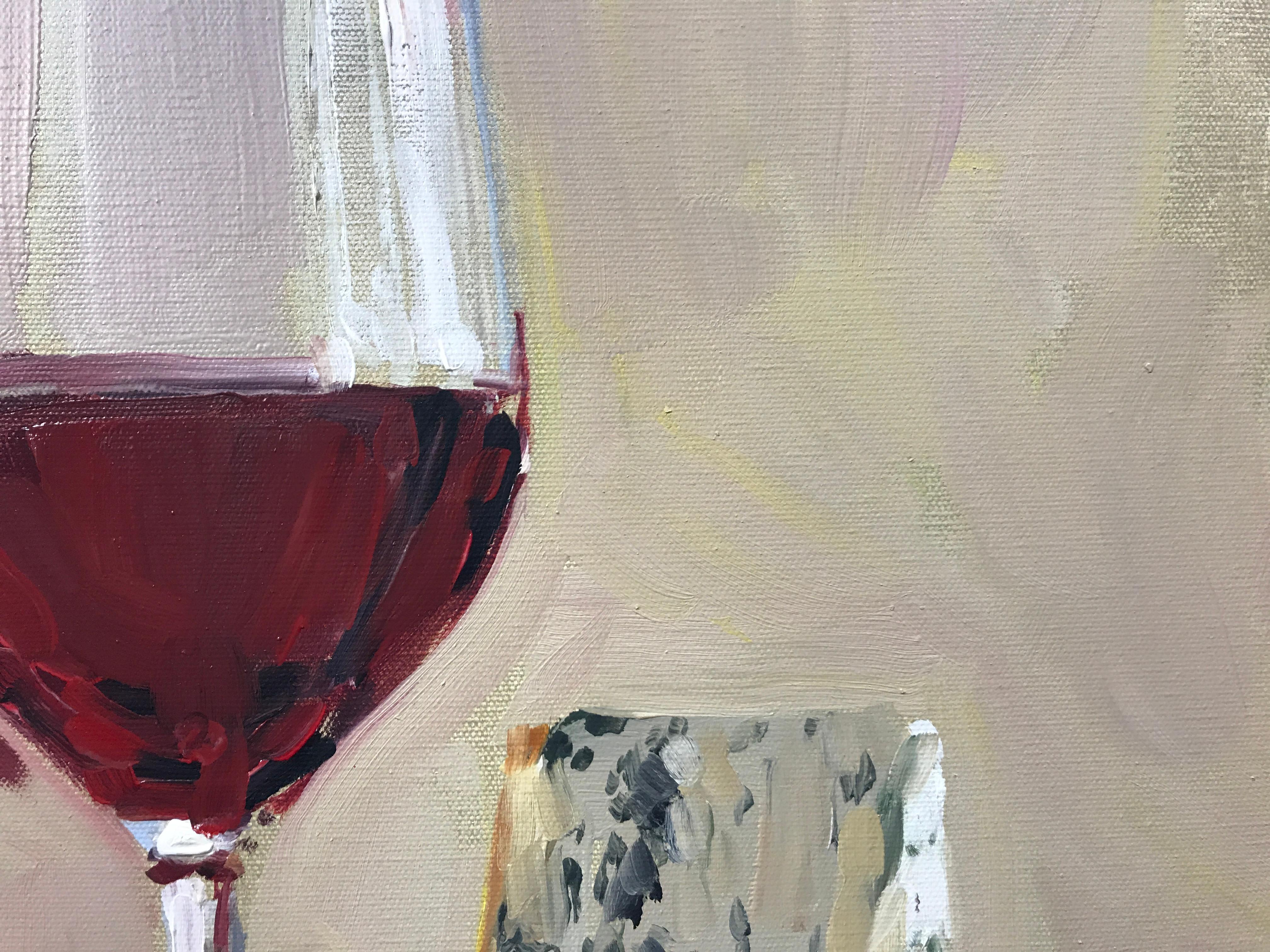 Red Wine and Cheese by Laura Shubert, Petite Oil on Canvas Still-Life Painting 4