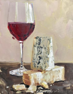 Red Wine and Cheese by Laura Shubert, Petite Oil on Canvas Still-Life Painting