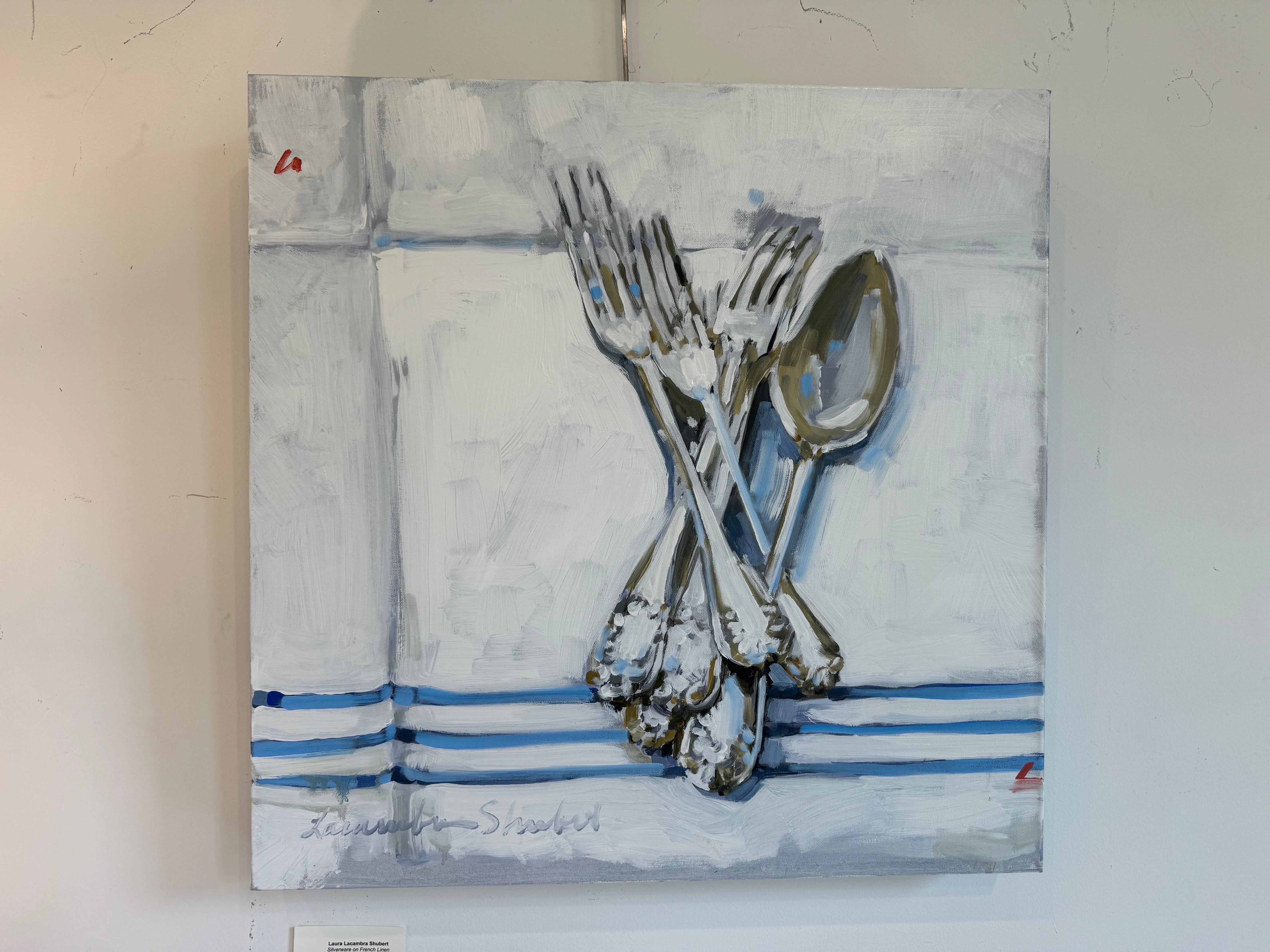 Silverware on French Linen by Laura Lacambra Shubert, Impressionist Still Life For Sale 2