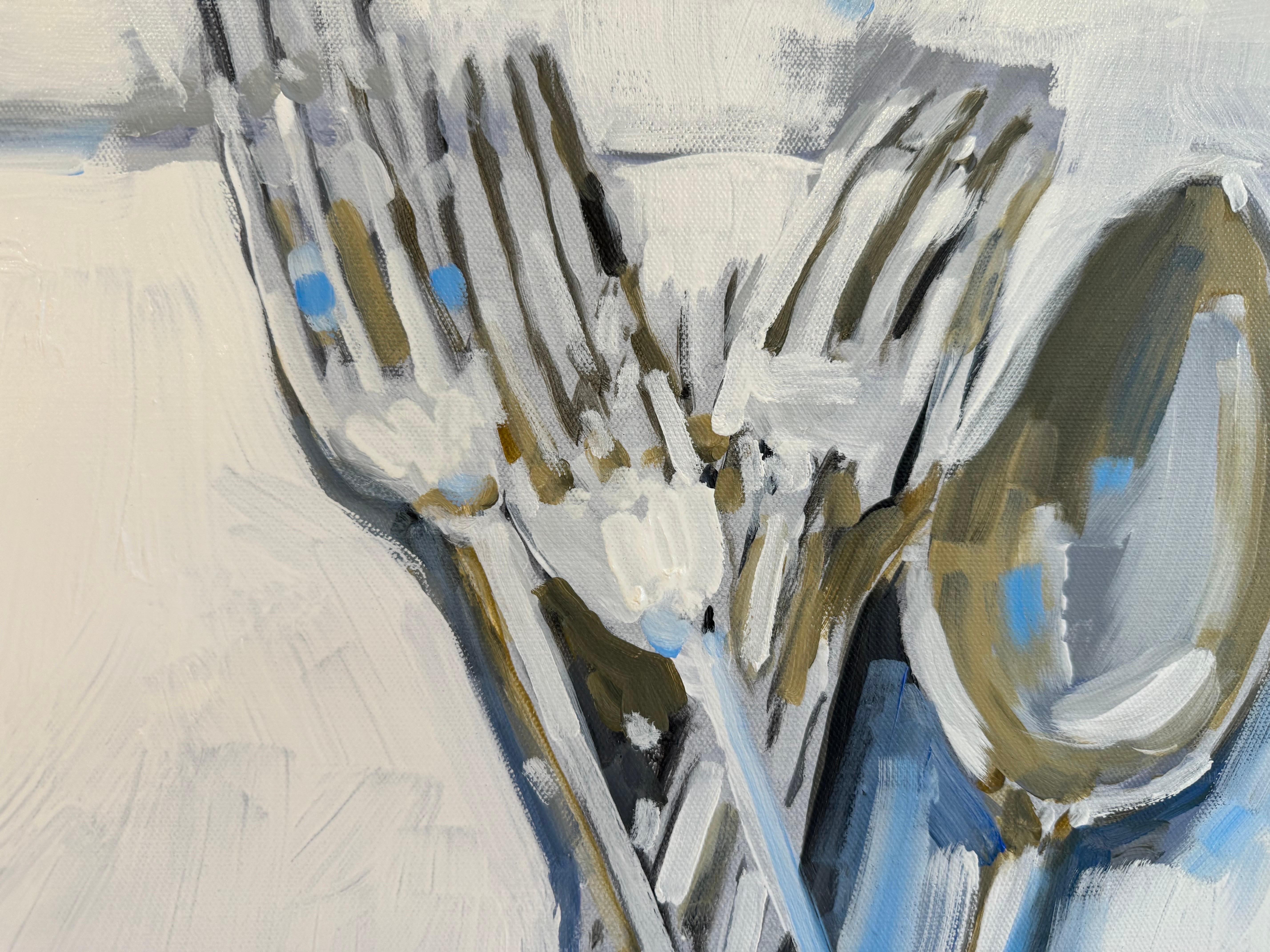 Silverware on French Linen by Laura Lacambra Shubert, Impressionist Still Life For Sale 5