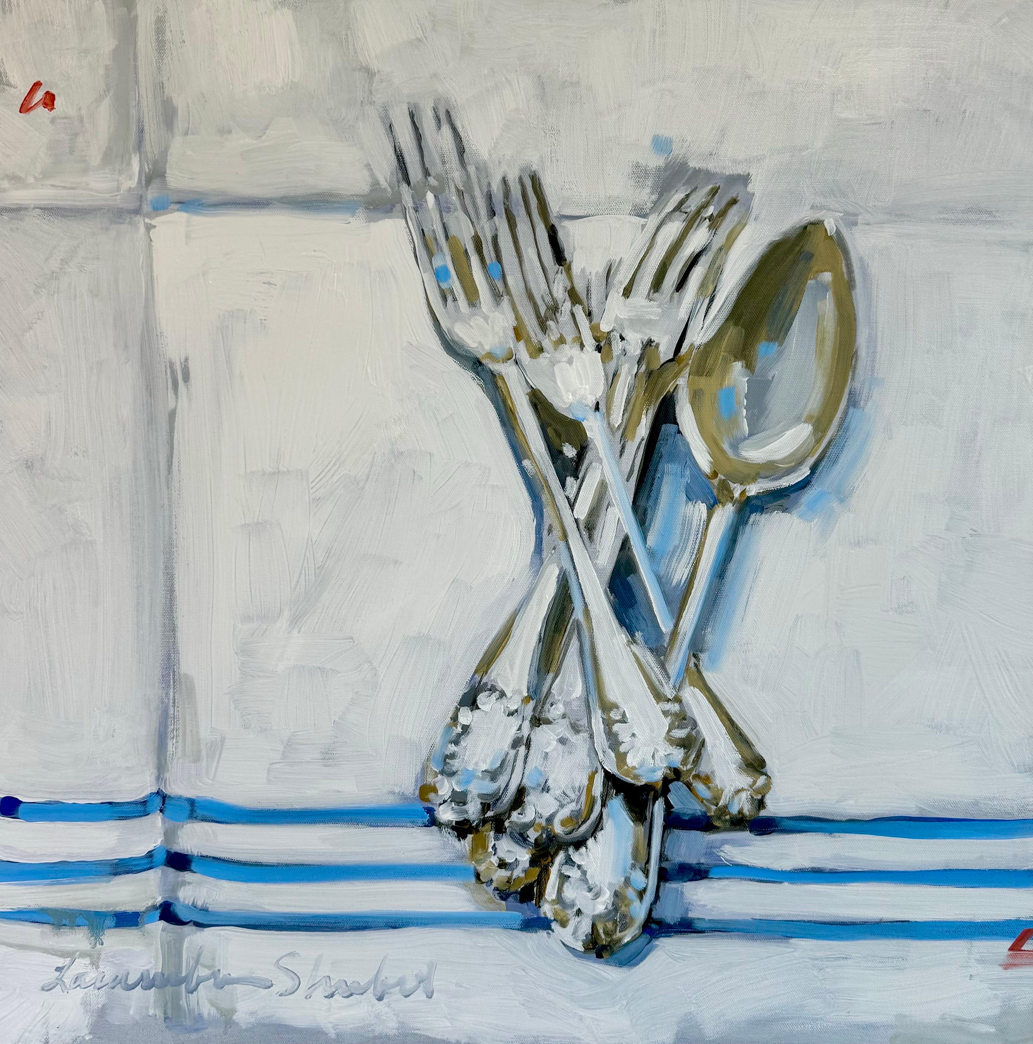 Silverware on French Linen by Laura Lacambra Shubert, Impressionist Still Life
