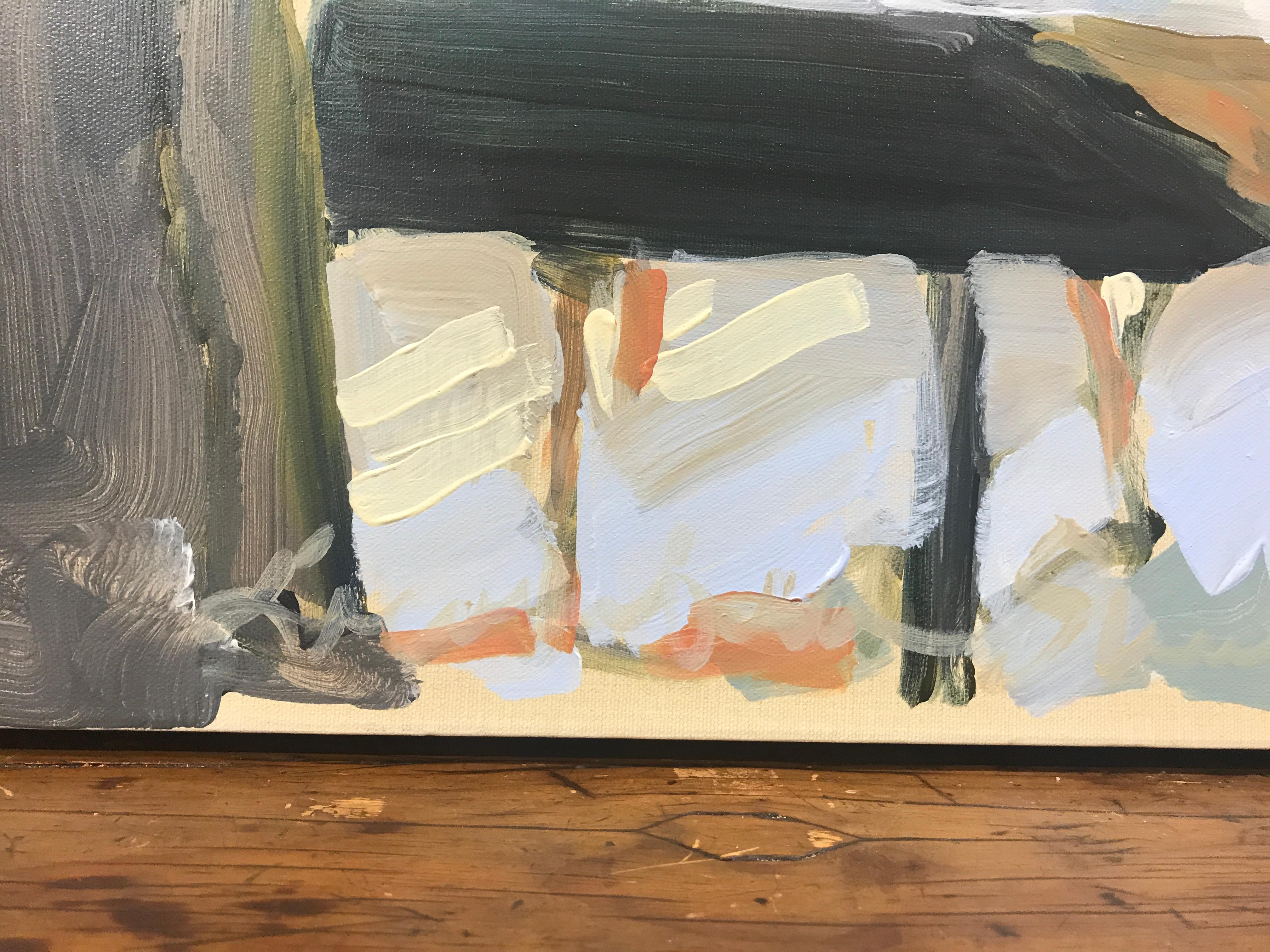 'Sunlit Dining Room' is an Impressionist oil and acrylic on canvas painting of vertical format created by American artist Laura Shubert in 2019. Featuring a palette made of cream, grey, green, white and light blue tones, the painting depicts an