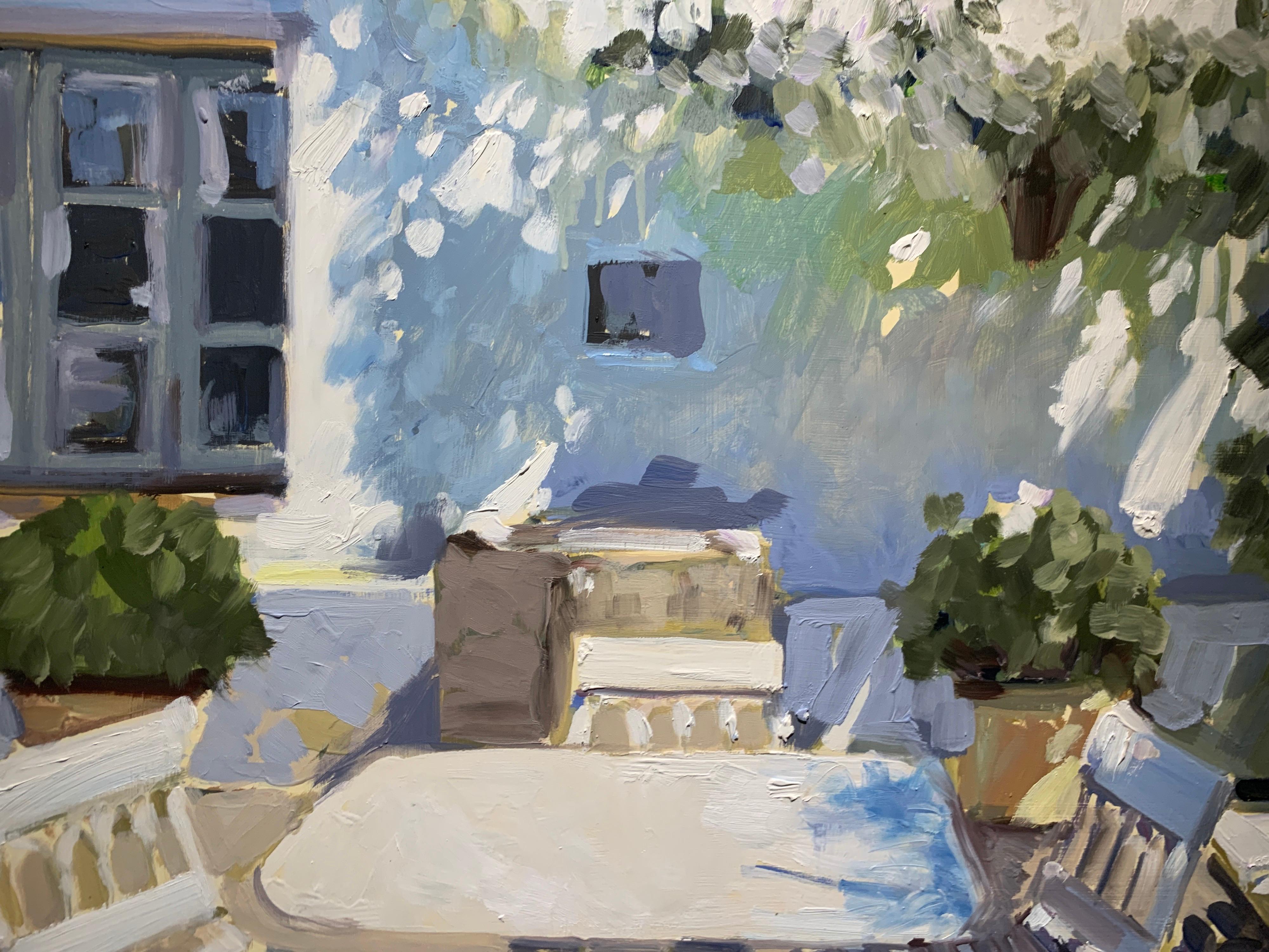Sunny Terrace by Laura Lacambra Shubert, Square Impressionist Painting 1