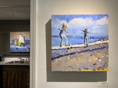 Walking the Log by Laura Shubert, Petite Oil on Board Beach Figurative Painting