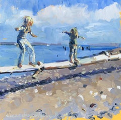 Walking the Log by Laura Shubert, Petite Oil on Board Beach Figurative Painting