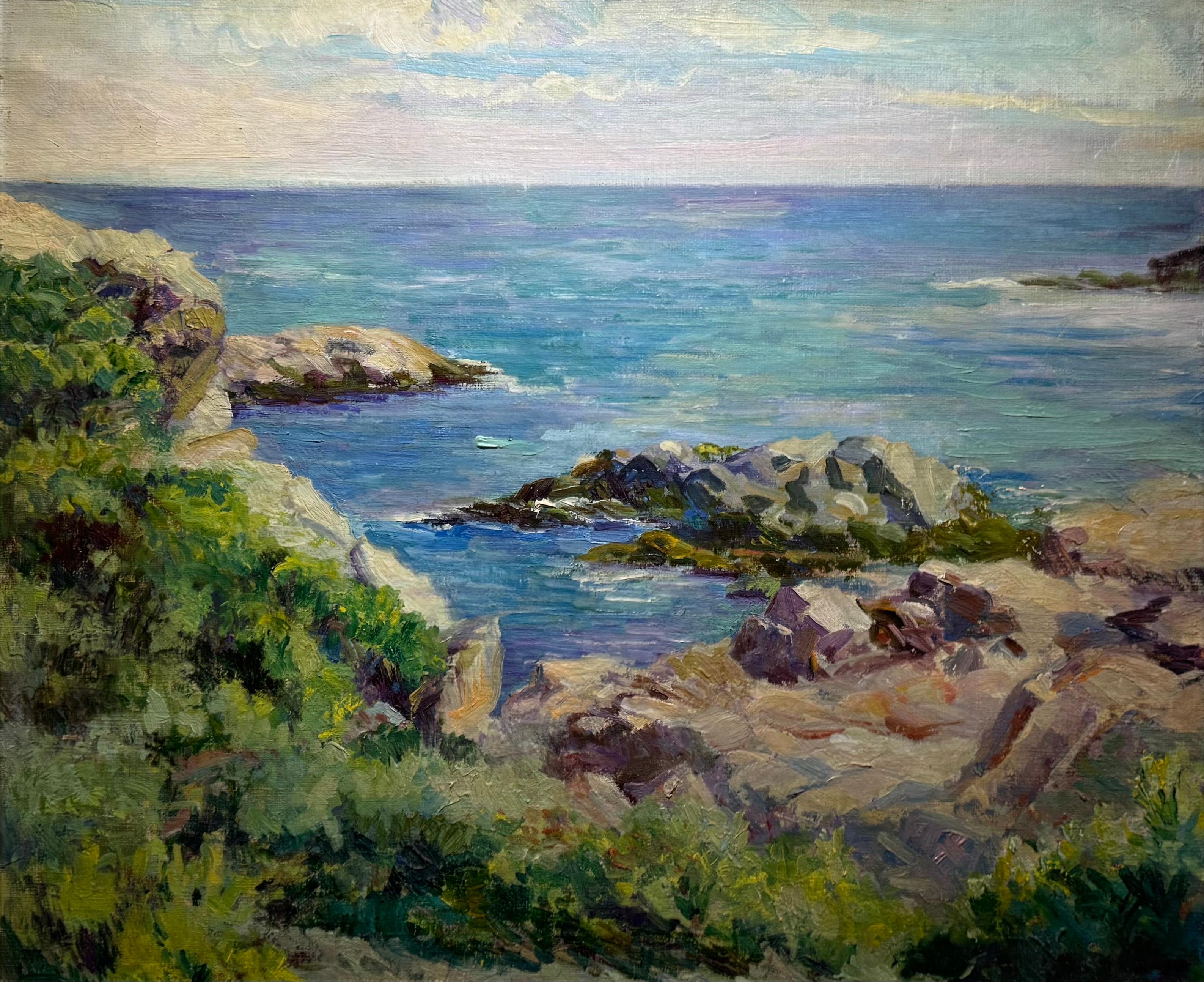 Laura Ladd (1863-1943), a female American Impressionist painter active in Philadelphia, known for her floral and landscape scenes.  

This coastal landscape showcases Ladd's skill at capturing atmospheric variations in light and color in the ocean