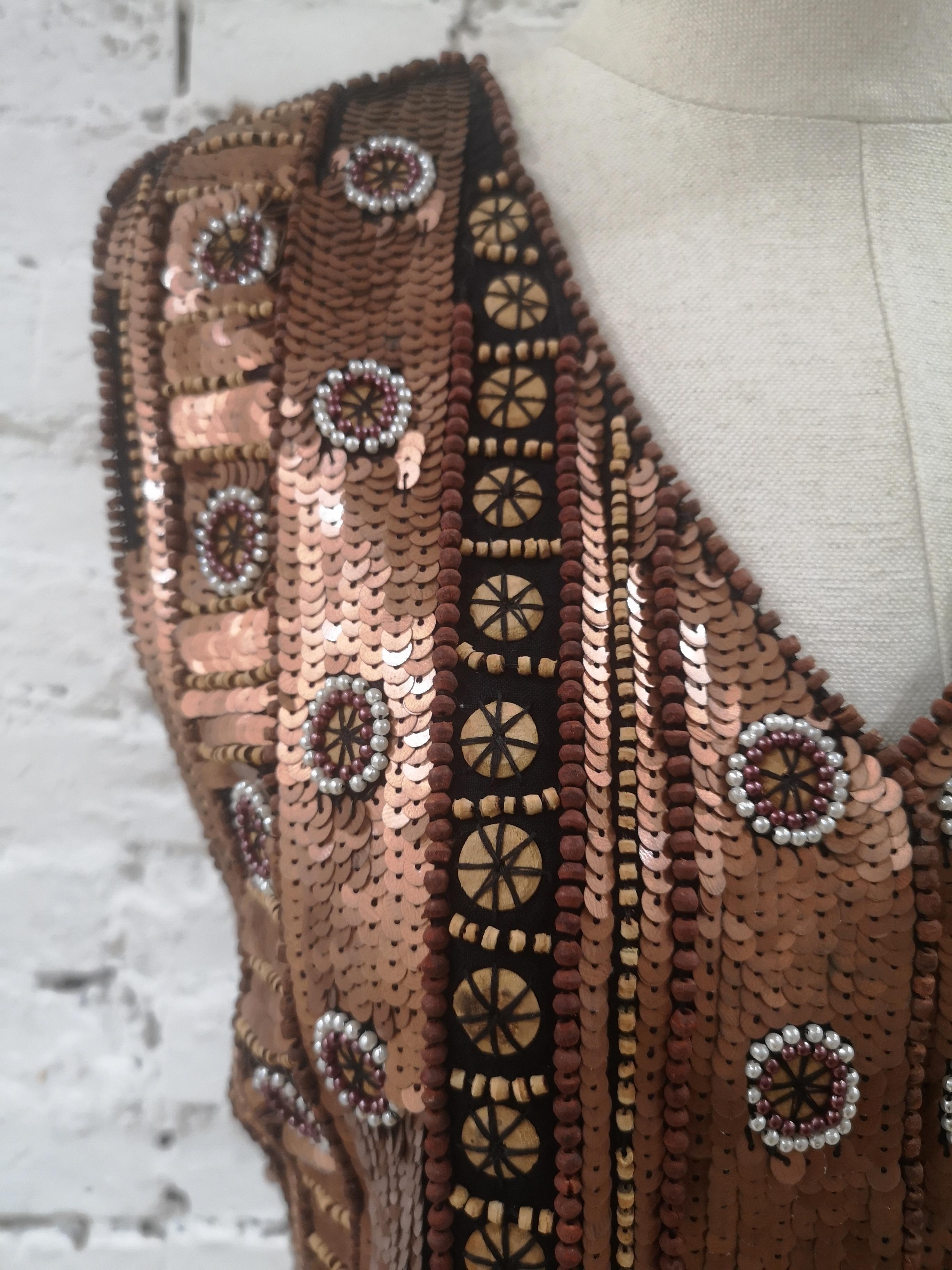 Brown L'aura Laura Biagiotti sequins and beads vest For Sale