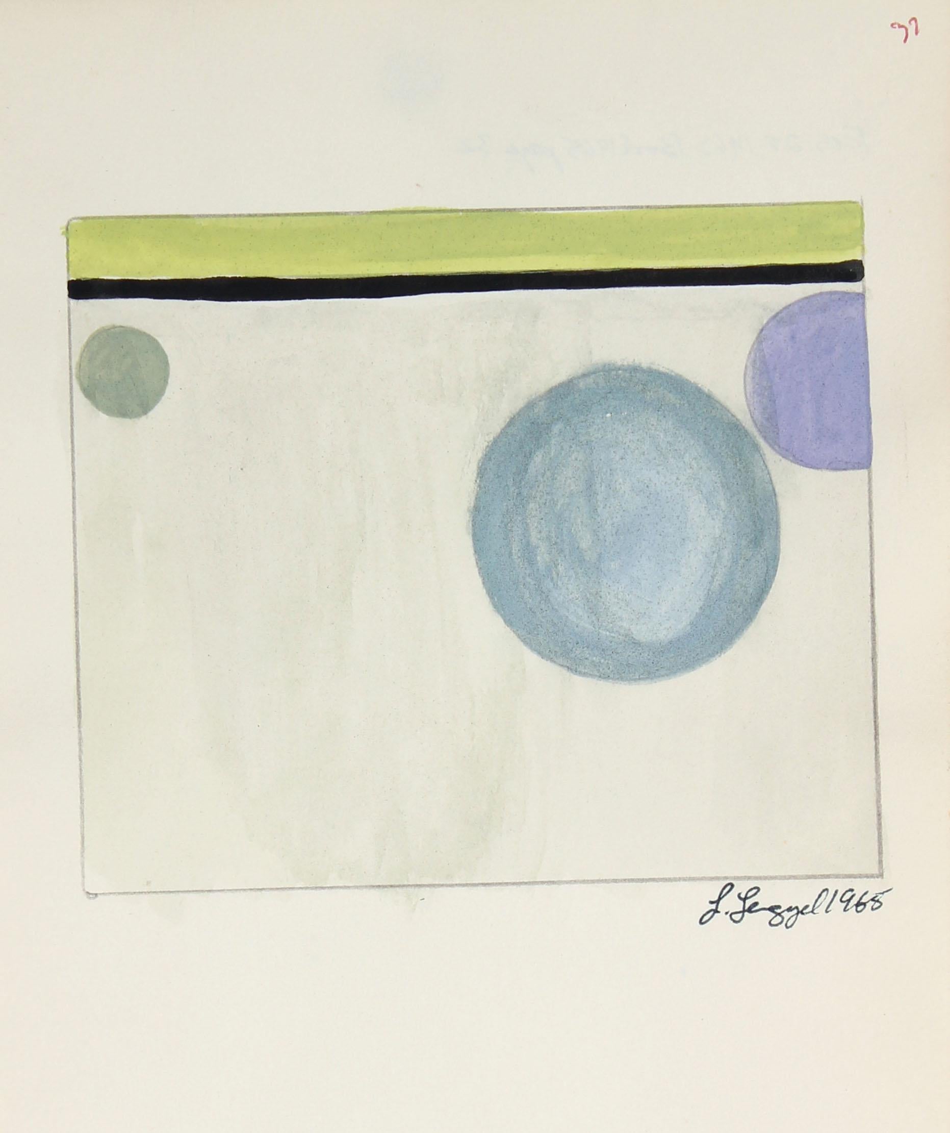 Minimal Abstract Painting in Blue Purple & Green, Gouache & Graphite, 1965 1