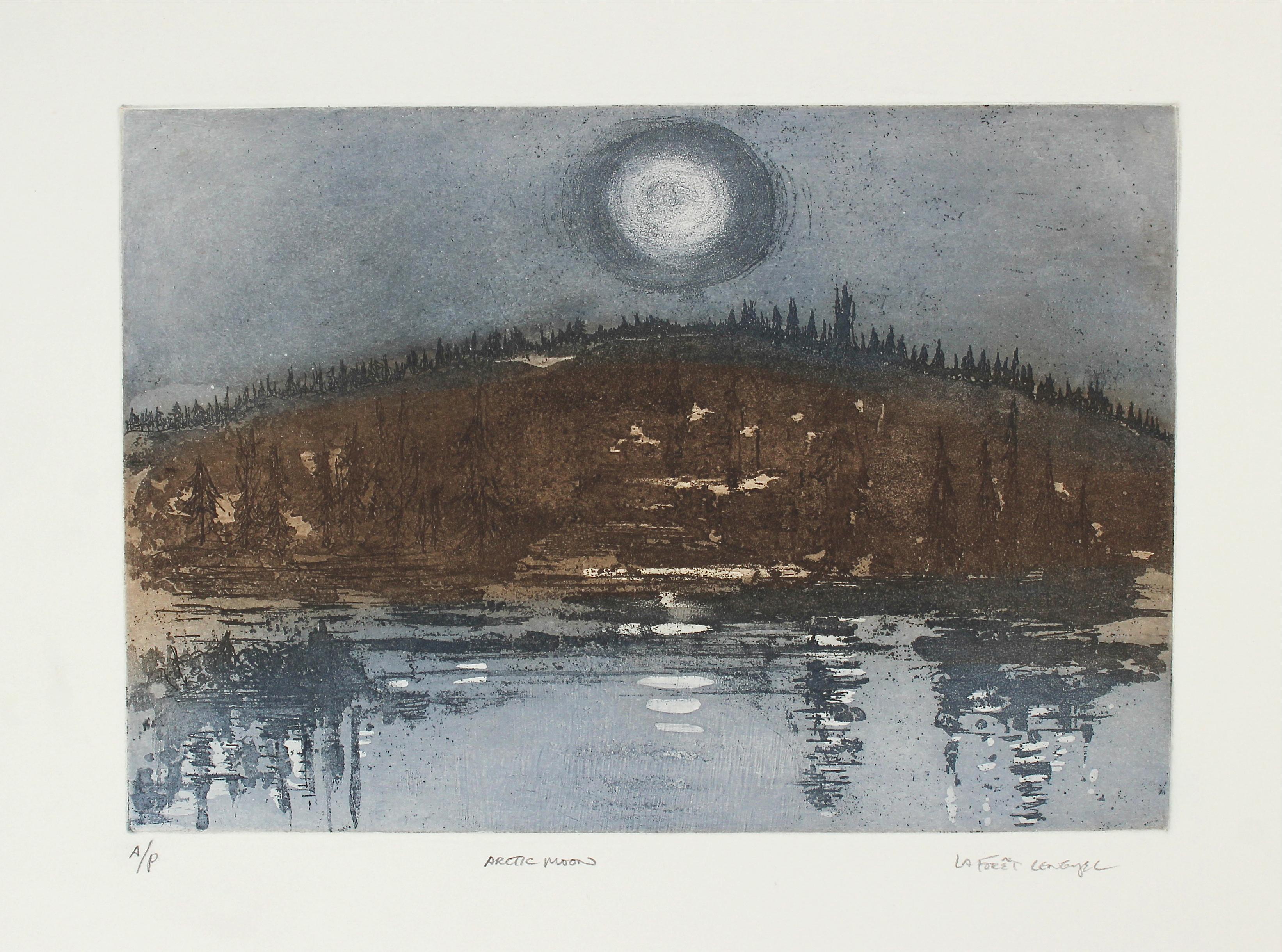 Laura Lengyel Landscape Print - "Arctic Moon" Bay Area Landscape Etching with Mountain & Water Reflections, 1981