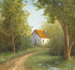 Laura Mann, „Around the Bend“, 5x5 Landschaftslandschaft, Ölgemälde auf Karton