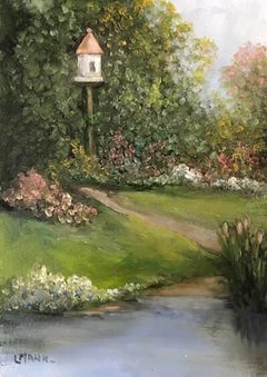 Laura Mann, « Birdhouse », peinture à l'huile de paysage de cottage de printemps 7 x 5 cm