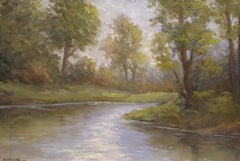 Laura Mann, « Along the Stream », peinture à l'huile de paysage rural, 5x7, River Country 