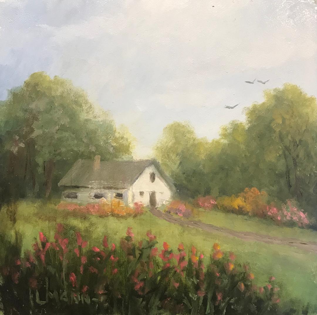 Highlighting the rural beauty and solitude of life in the farm country, Laura Mann's paintings have a timeless and atmospheric quality that call for reminiscence.  Her painting, "Cottage in Bloom", is a 5x5 oil painting on board featuring a quaint