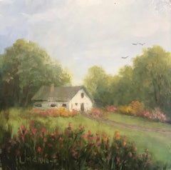 Laura Mann, "Cottage in Bloom", 5x5 Rural Country Home Oil Painting on Board