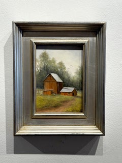 Laura Mann, "Sheep Barn", 7x5 Rural Farm Landscape Barn Oil Painting on Board