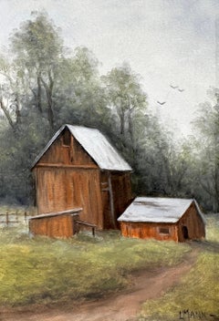 Laura Mann, "Sheep Barn", 7x5 Rural Farm Landscape Barn Oil Painting on Board